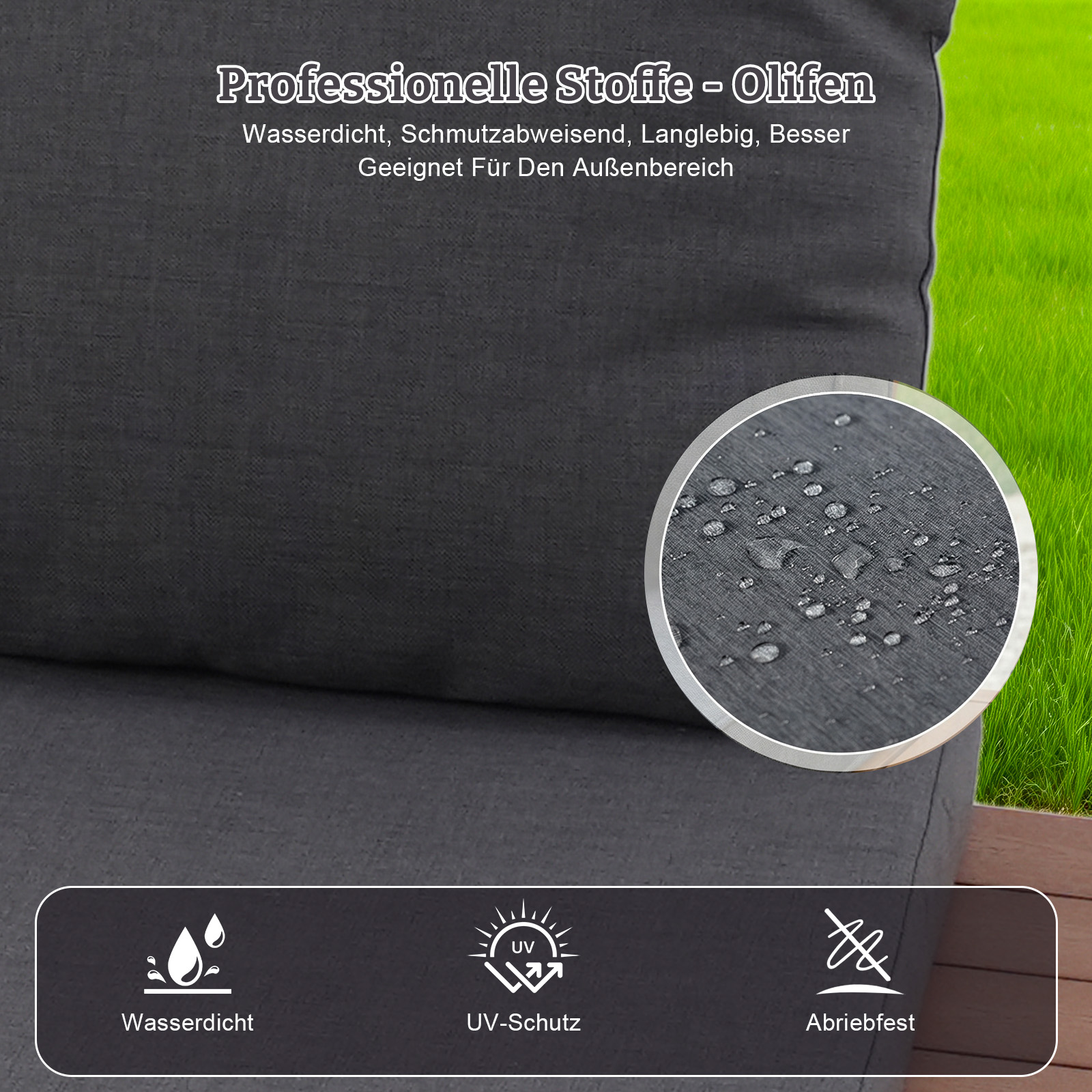 Dunkelgraues Stoffsofa mit Wasserschutz-Nahaufnahme und Icons für UV-Schutz.