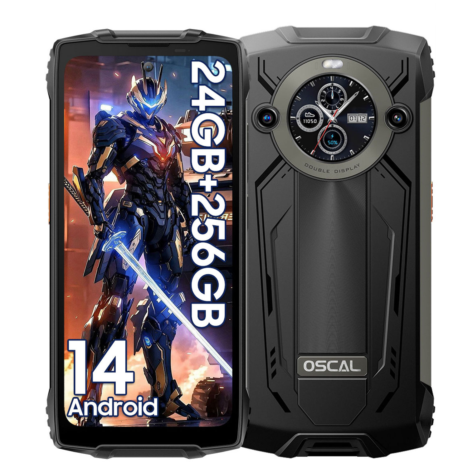 Smartphone robusto con Android 14, 24GB+256GB e doppio display posteriore.