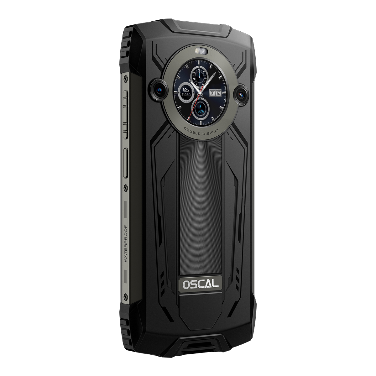 Robusto smartphone nero con doppio display e fotocamere posteriori.