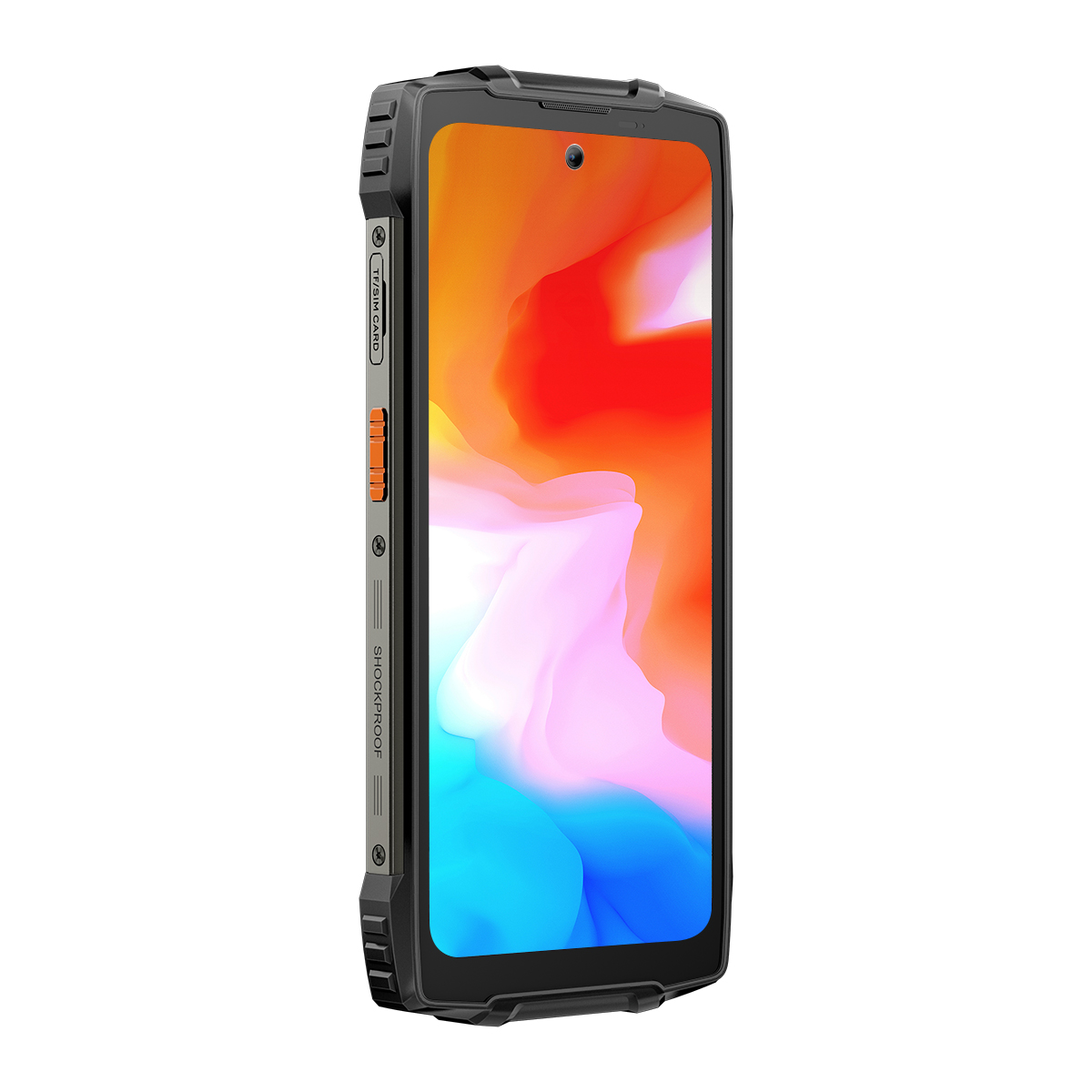 Smartphone robusto con sfondo colorato e pulsanti laterali.