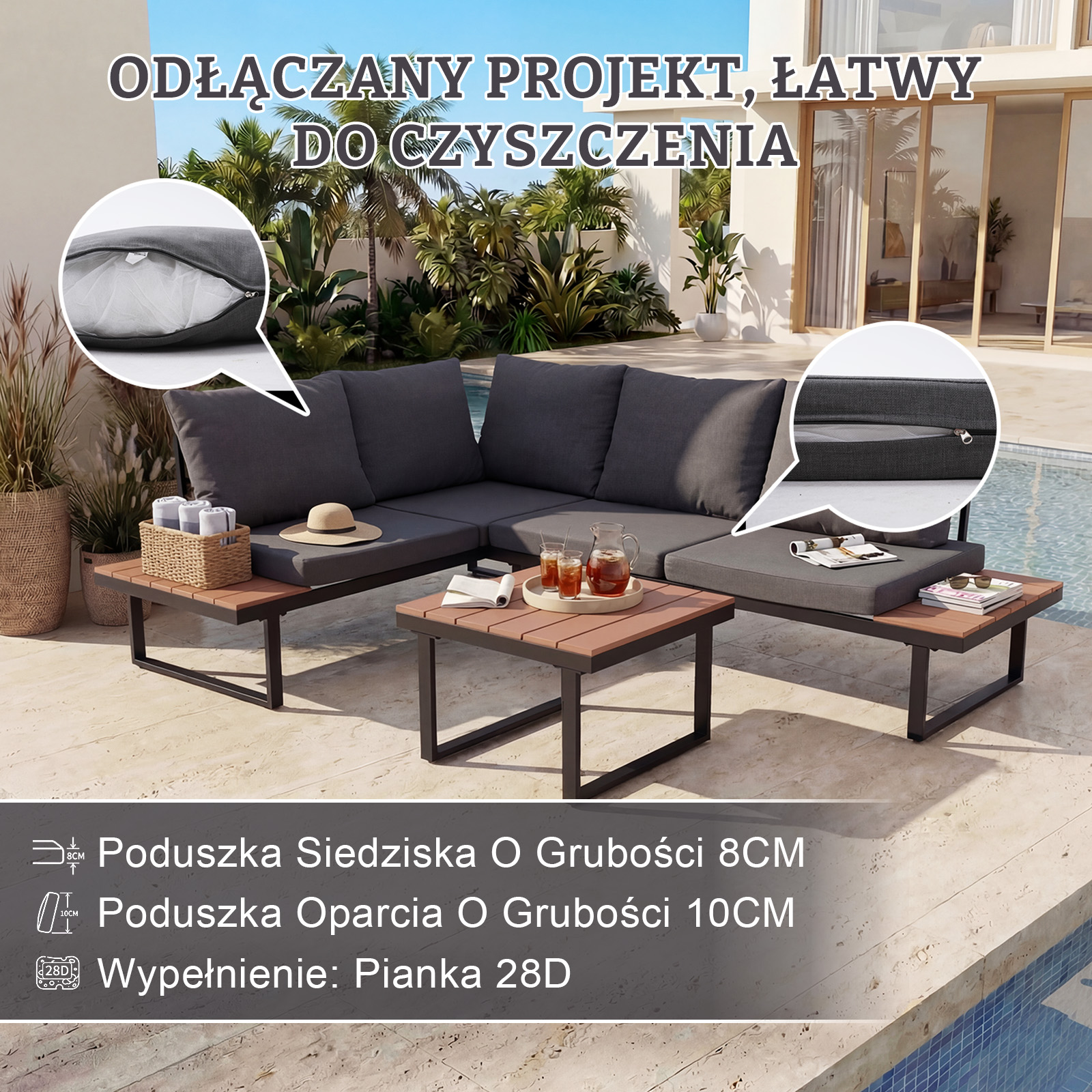 Szara sofa modułowa zewnętrzna ze stolikami i basenem. Odpinane poduszki.