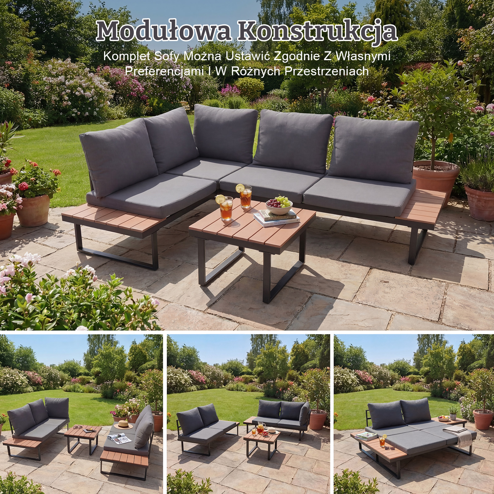 Nowoczesna sofa ogrodowa z szarymi poduszkami, drewnianymi elementami i stolikiem.