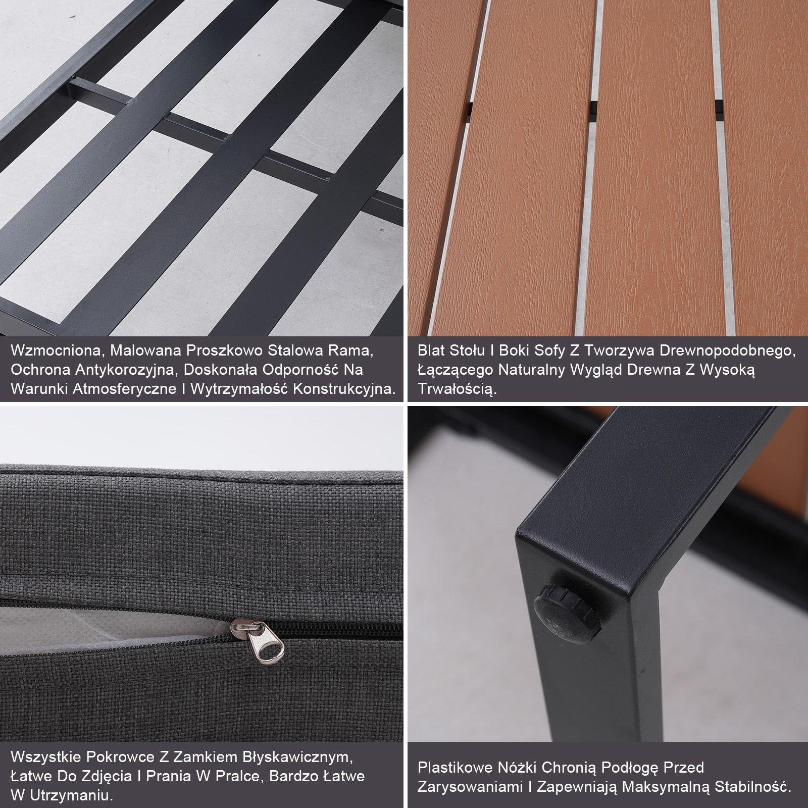 Zbliżenie detali mebli ogrodowych: metalowa rama, imitacja drewna, pokrowiec z tkaniny i plastikowe stopki.