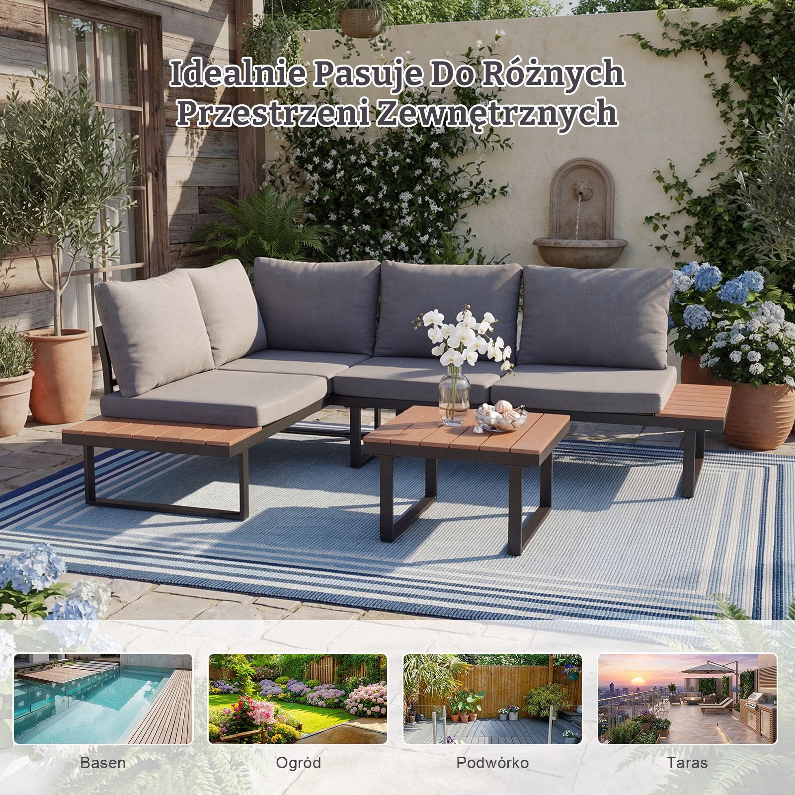 Szara sofa narożna na niebiesko-białym pasiatym dywanie z kwiatami i roślinami.