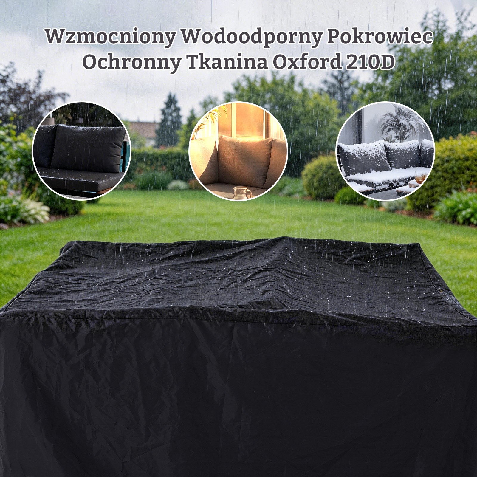 Czarna osłona stołu w deszczu, z trzema okrągłymi wstawkami pokazującymi meble w deszczu i śniegu.