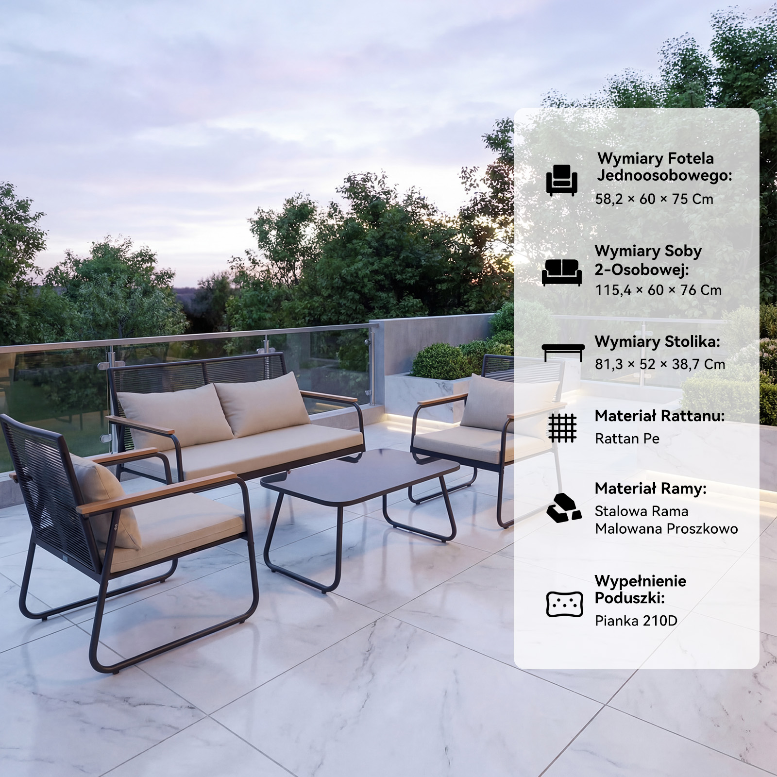 Zestaw mebli ogrodowych z rattanu na balkonie z drzewami i niebem.