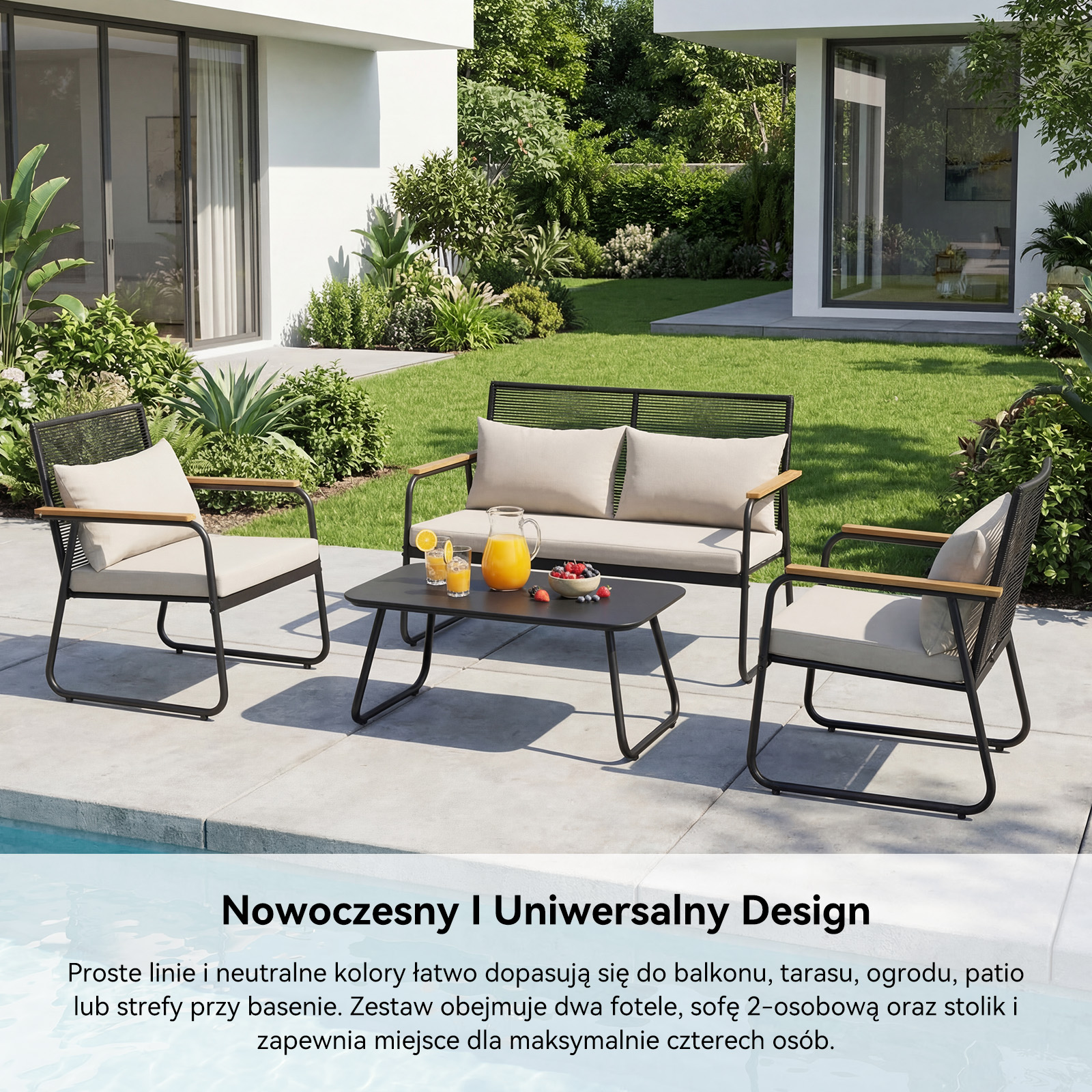 Zestaw mebli ogrodowych z dwoma fotelami, sofą i stolikiem przy basenie z napojami.