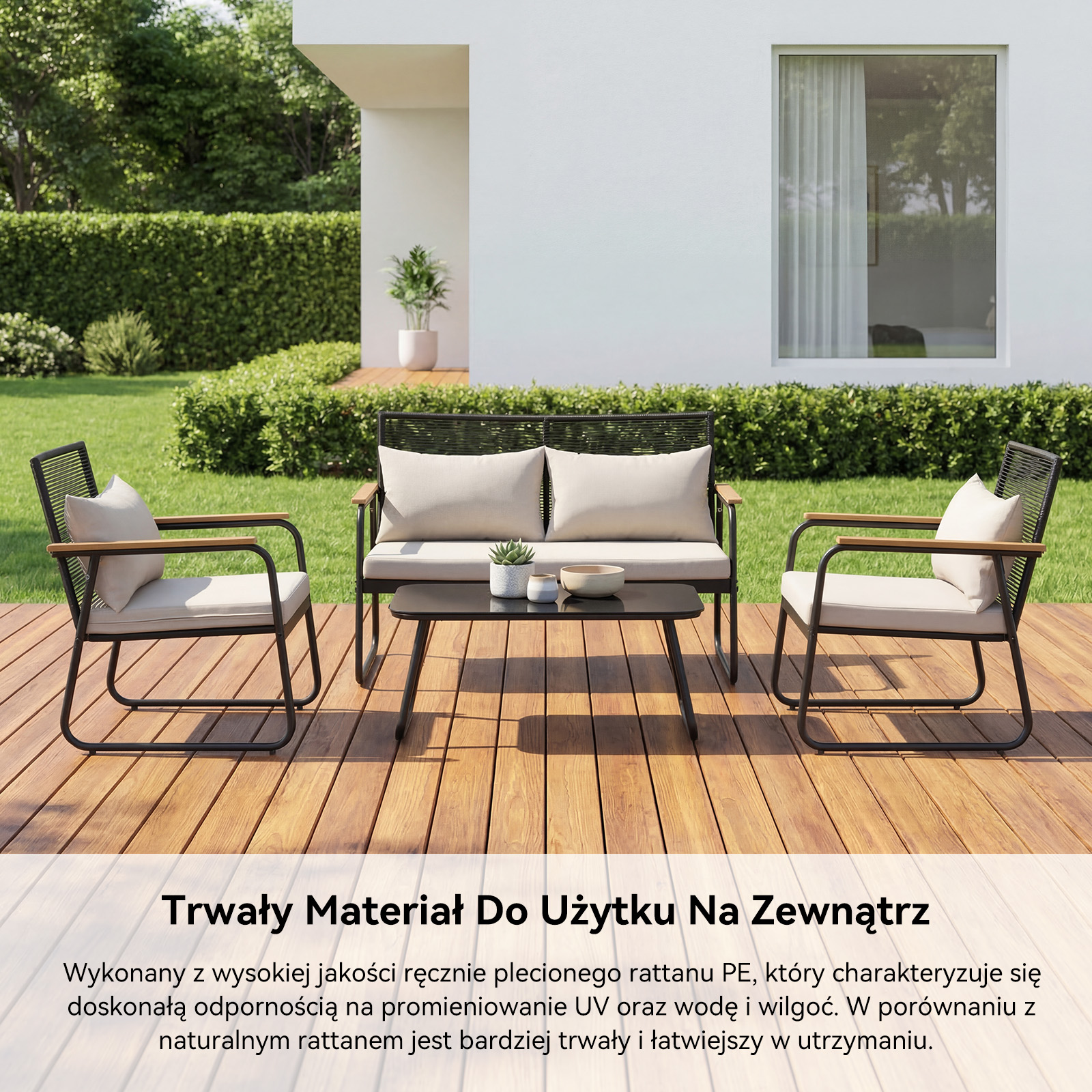 Zestaw mebli ogrodowych z dwoma fotelami, ławką i stolikiem na tarasie.