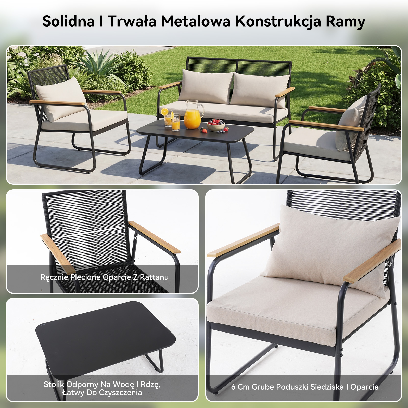 Zestaw mebli ogrodowych: 2 fotele, 1 sofa, 1 stolik z jagodami i sokiem.