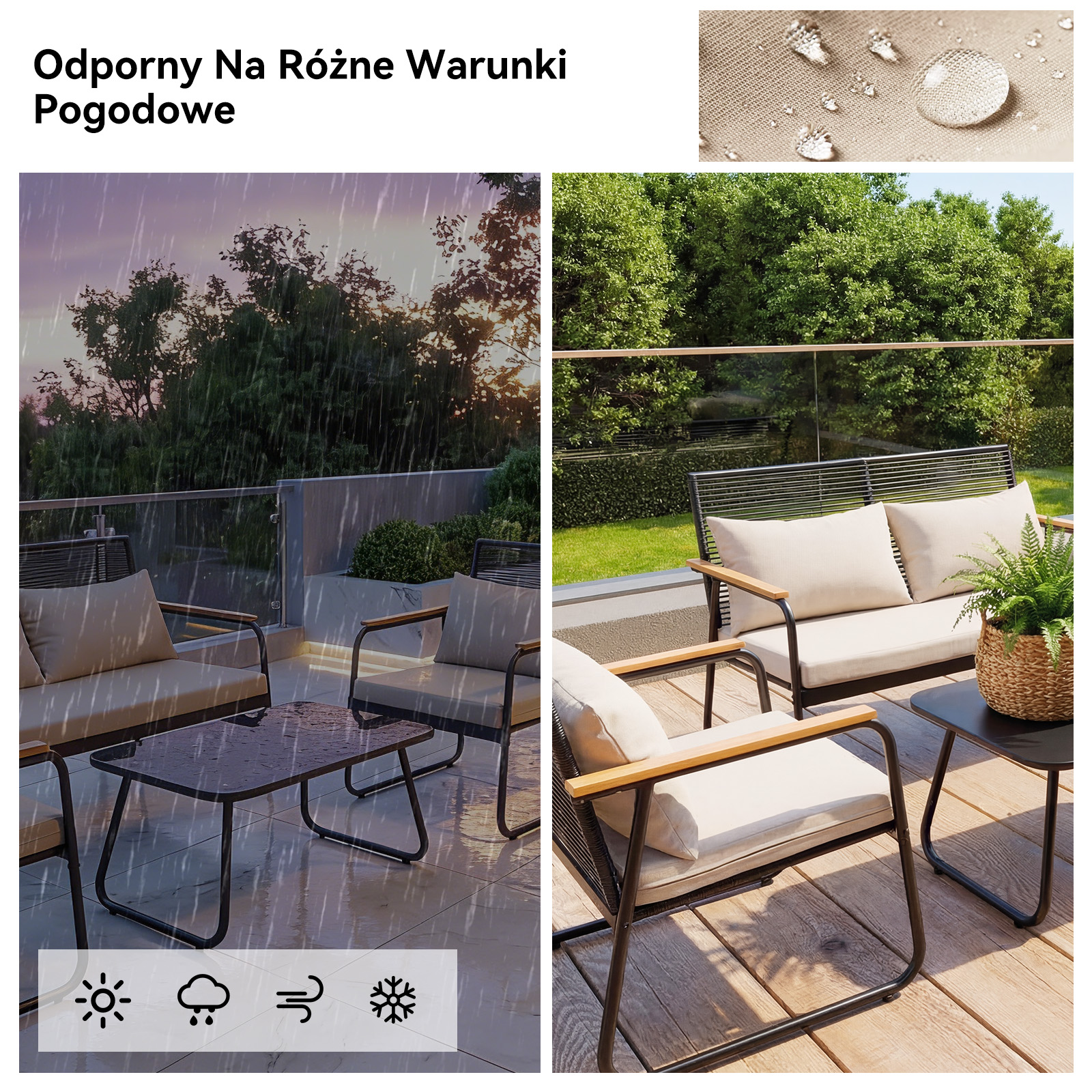 Meble ogrodowe w deszczu i słońcu, materiał wodoodporny.