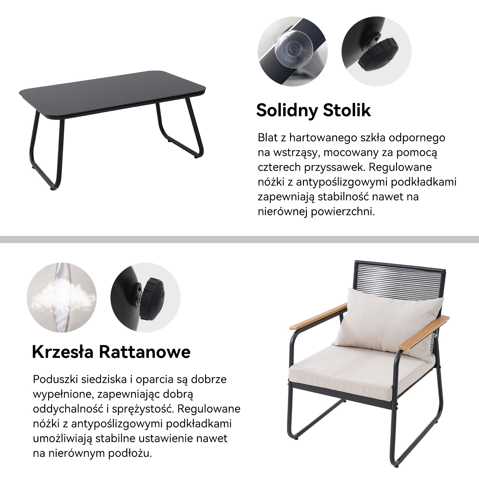 Czarny stolik i rattanowe krzesło z poduszkami na białym tle.