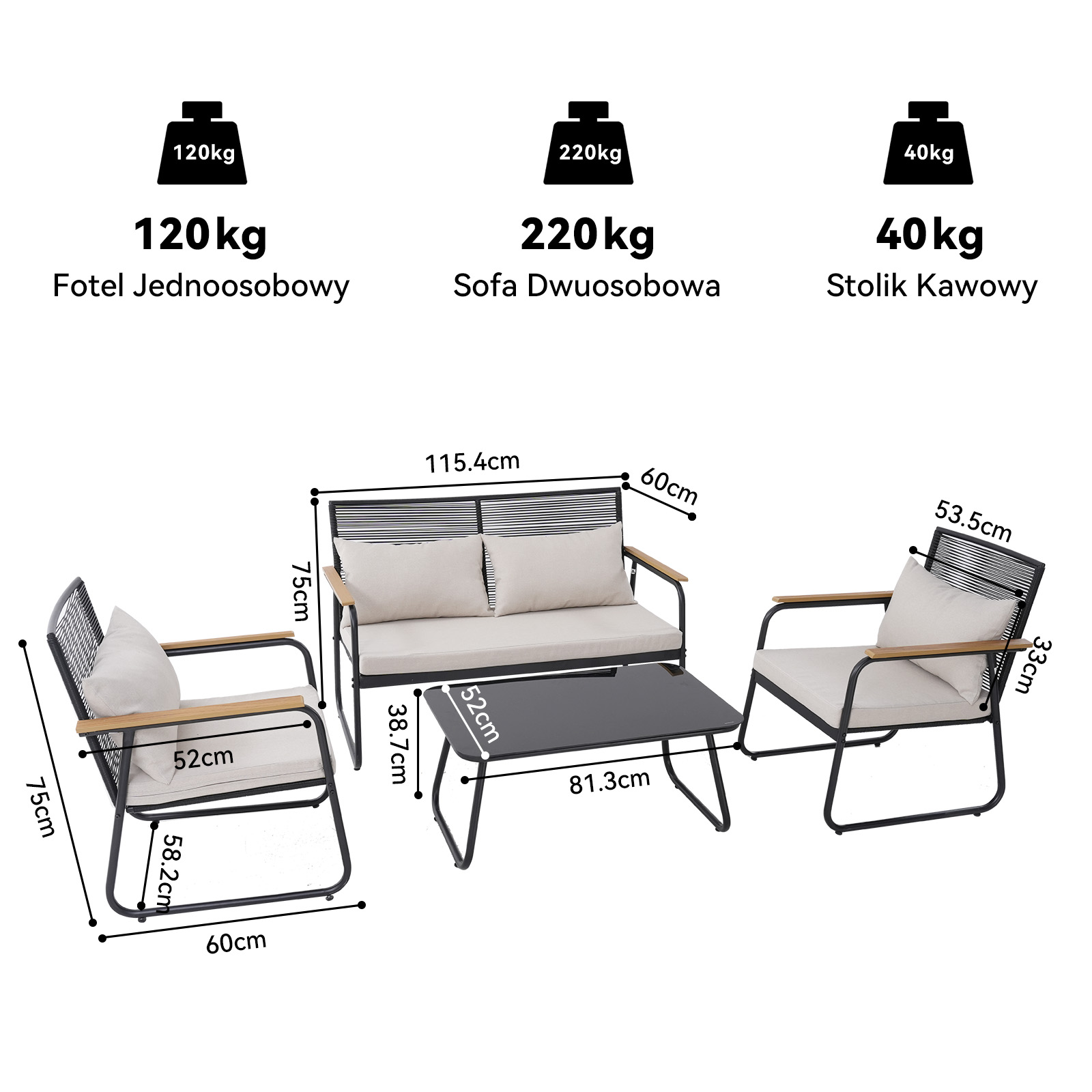 Zestaw mebli ogrodowych: 2 fotele, 1 sofa, 1 stolik. Podane wymiary.
