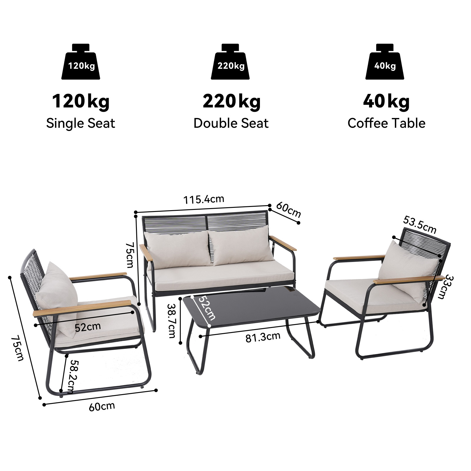 Set di mobili da esterno: 2 sedie, 1 divanetto, 1 tavolino con dimensioni.