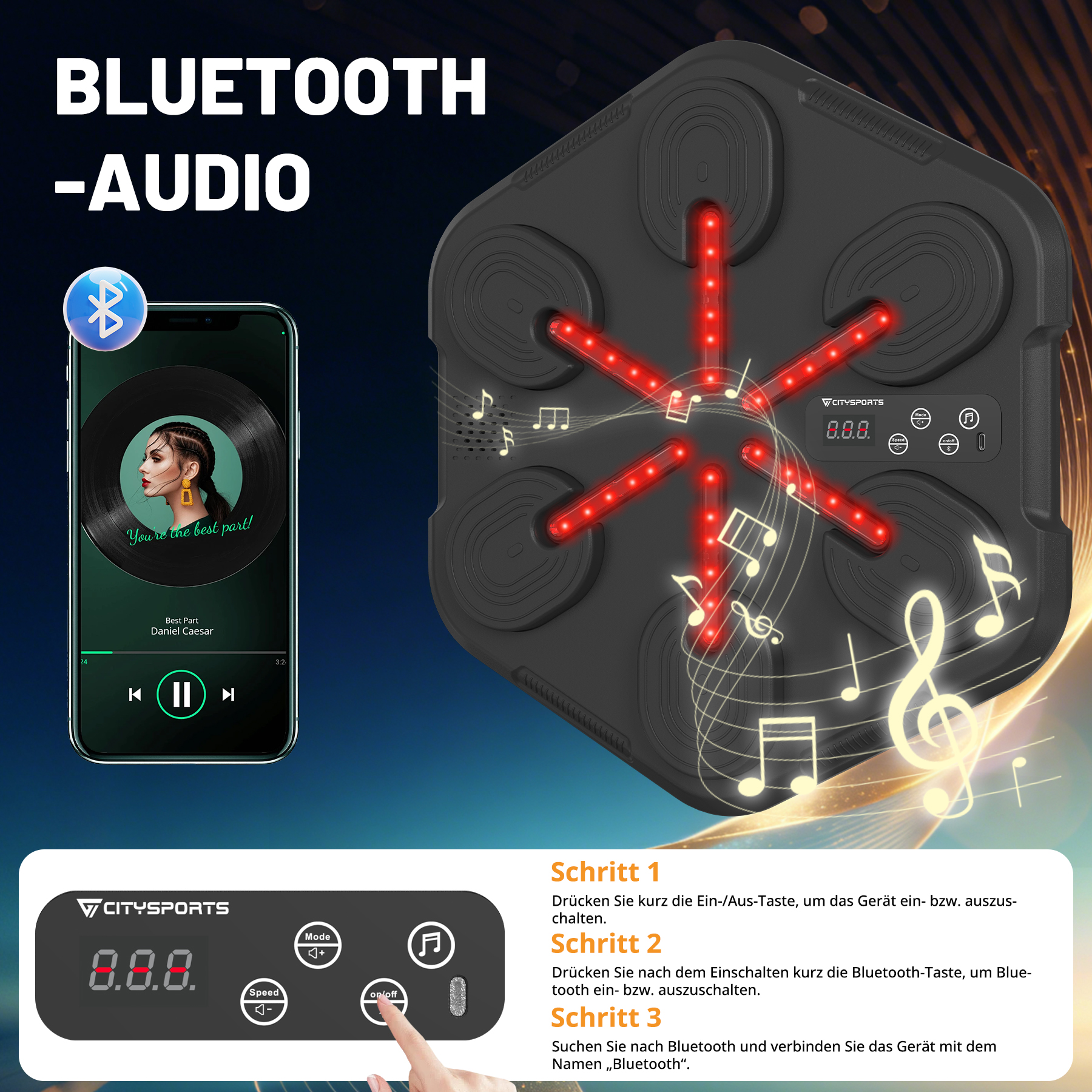 Ein Smartphone zeigt Musikwiedergabe, daneben ein schwarzes Gerät mit roten Lichtern.