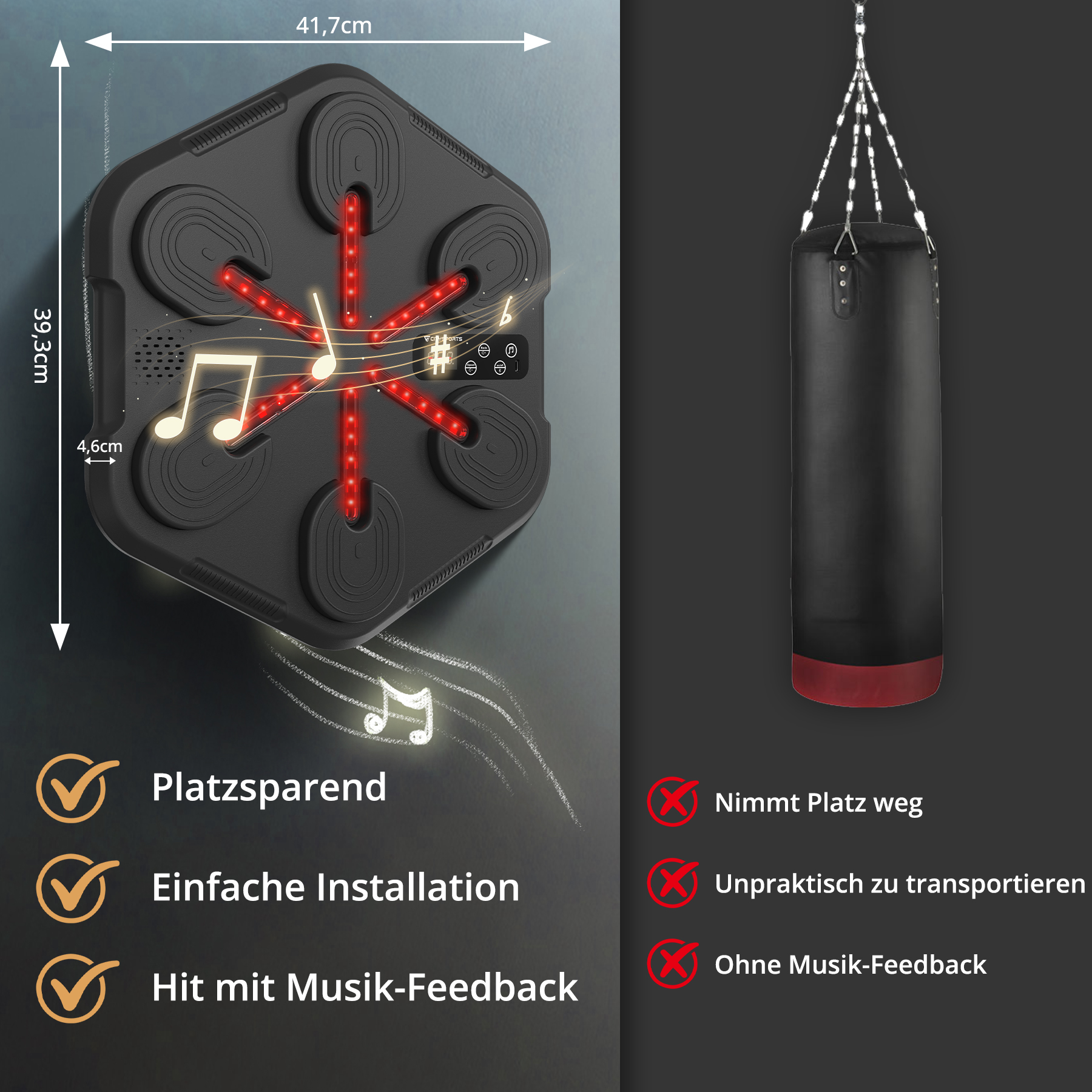 Schwarzes Schlagpolster mit roten Lichtern und Musiknoten. Daneben ein Sandsack.