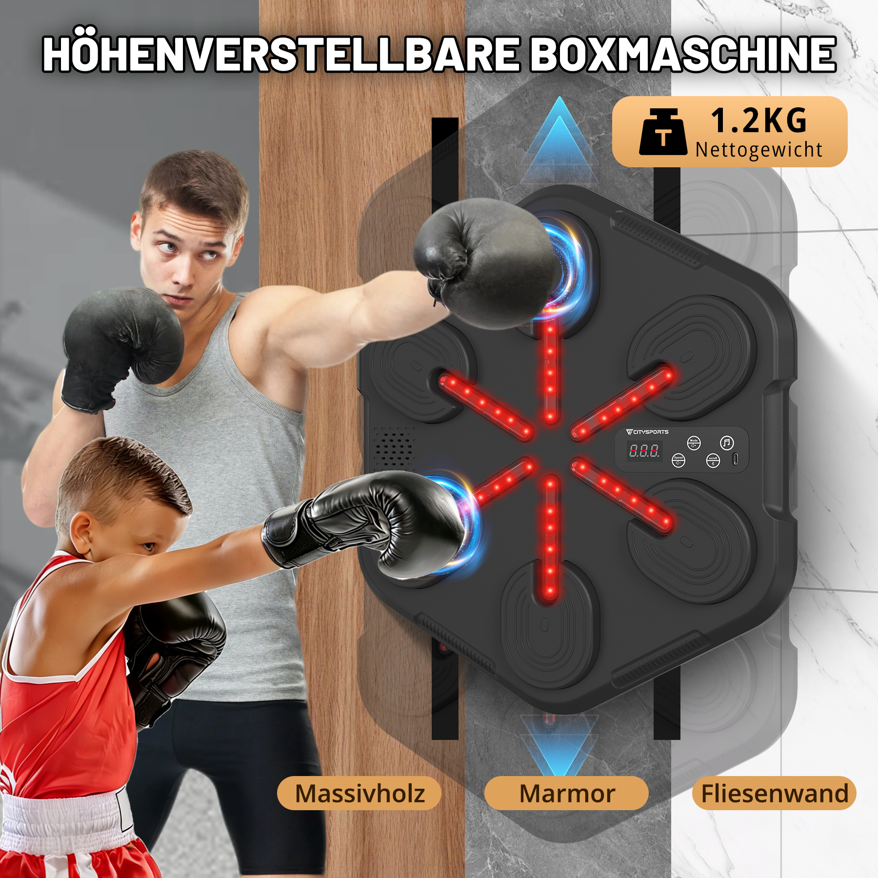 Ein Mann und ein Kind mit Boxhandschuhen trainieren an einer leuchtenden Boxmaschine.