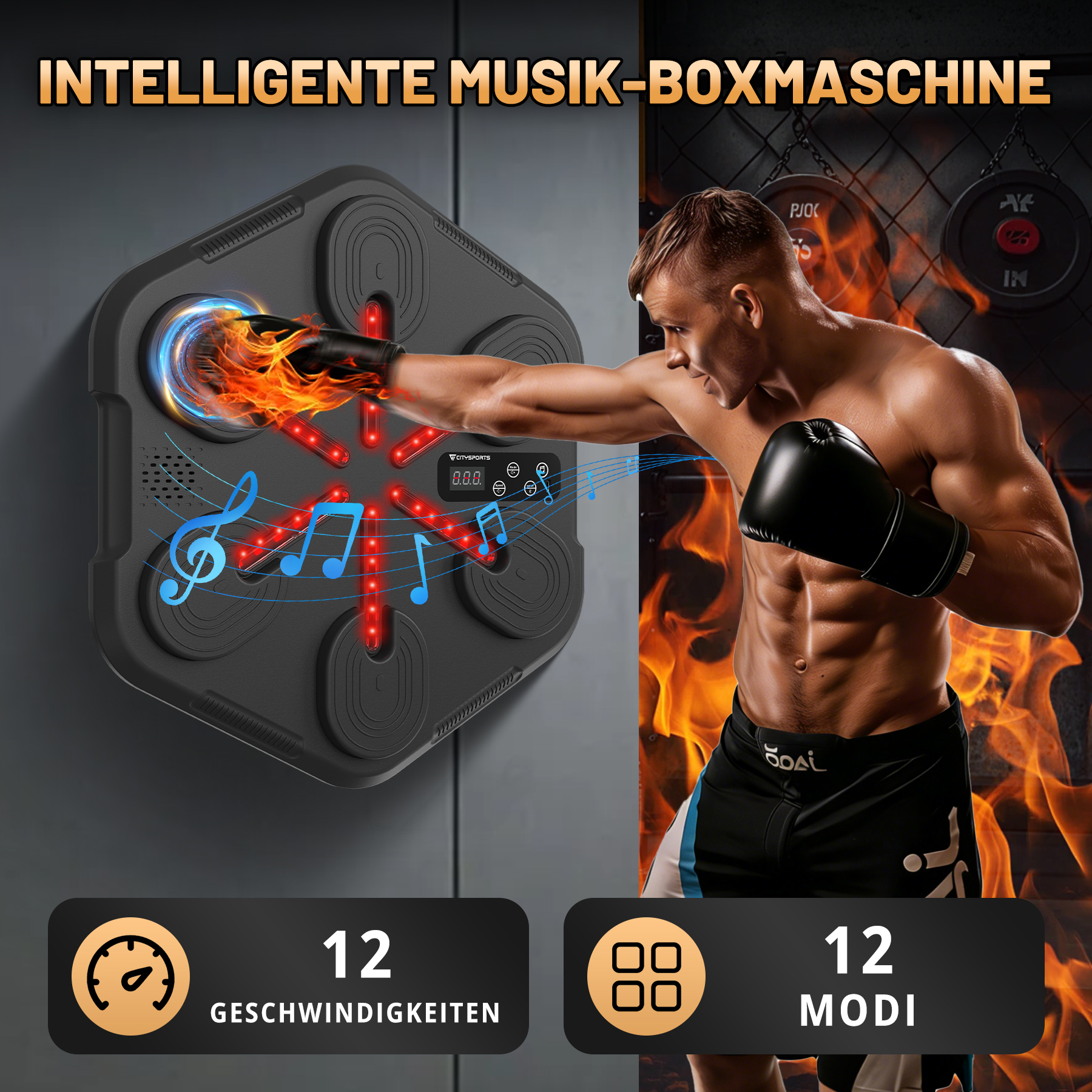 Ein Mann mit Boxhandschuhen schlägt auf eine intelligente Musik-Boxmaschine mit Flammen.