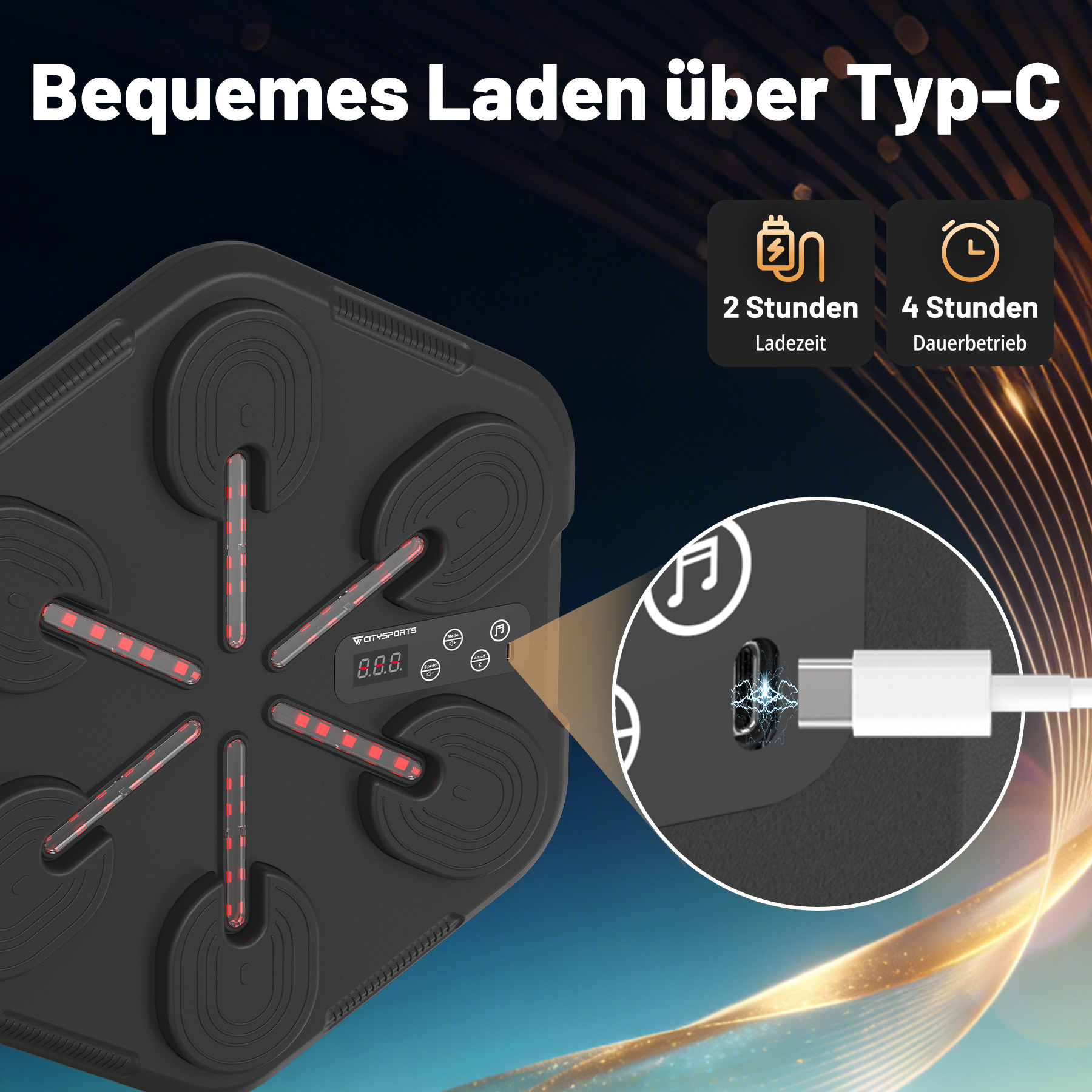 Schwarzes Gerät mit roten Lichtern und USB-C-Anschluss, Ladezeit 2h, Dauerbetrieb 4h.