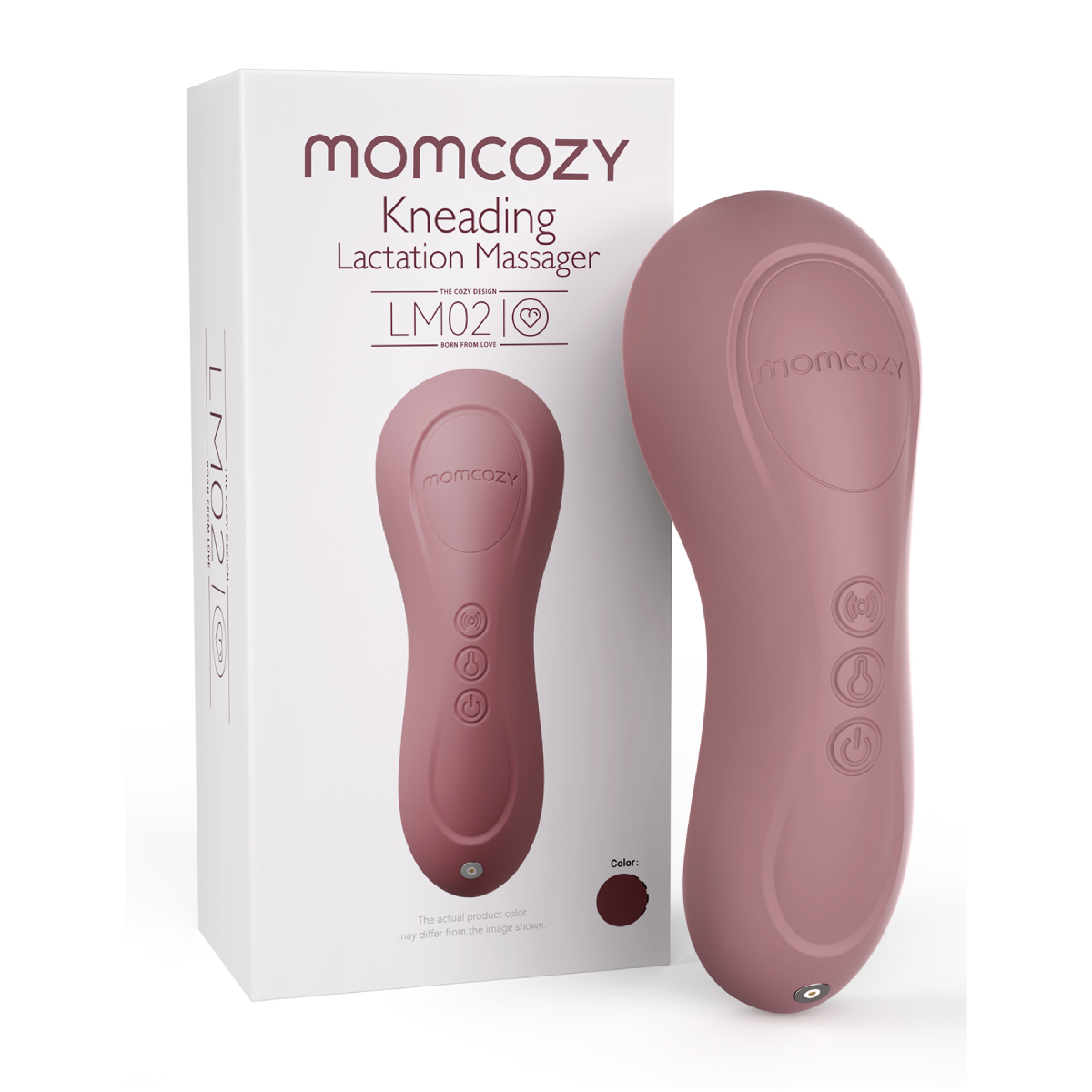 Różowy masażer laktacyjny Momcozy obok pudełka.