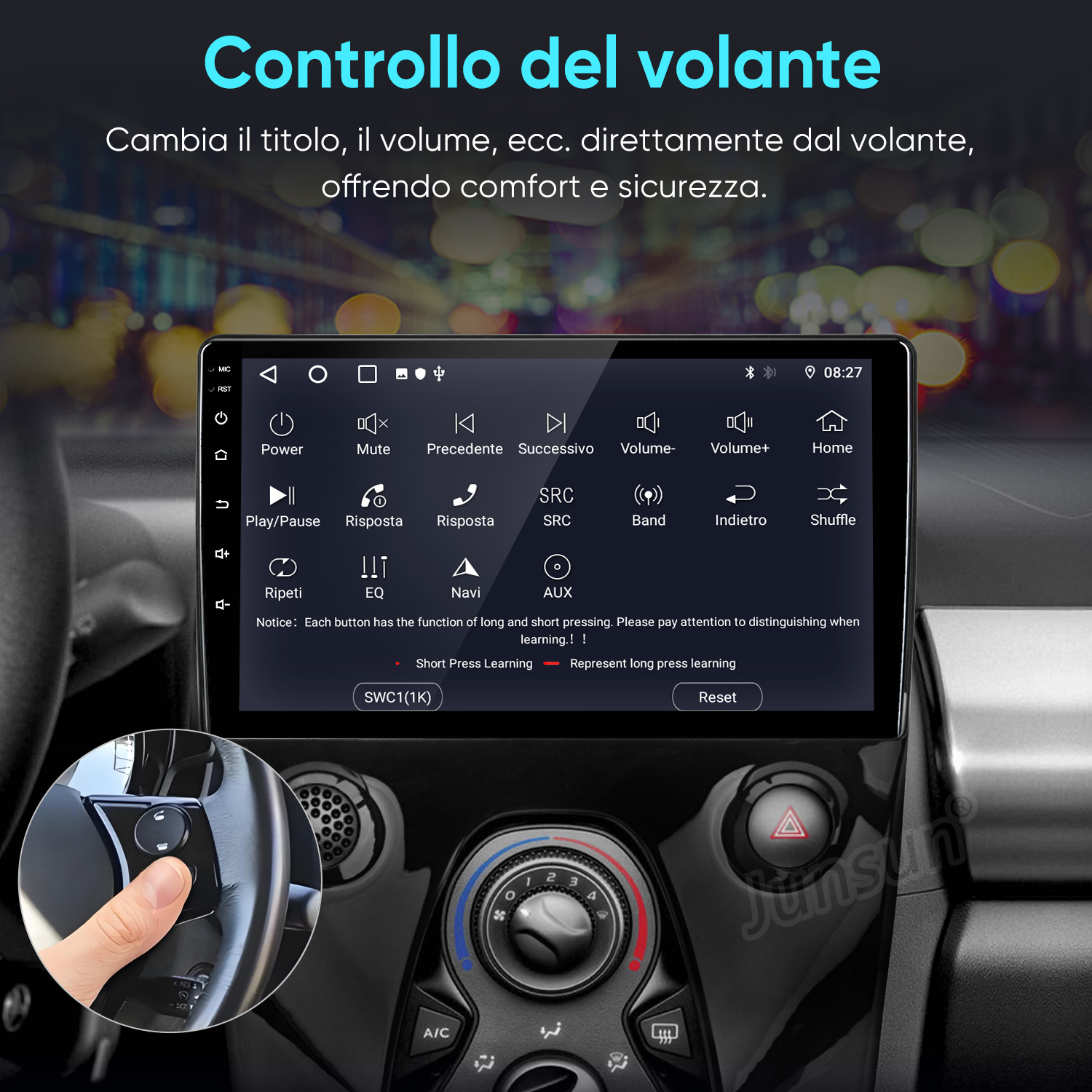 Interfaccia controllo volante auto con touchscreen. Pulsanti accensione, volume, navigazione.