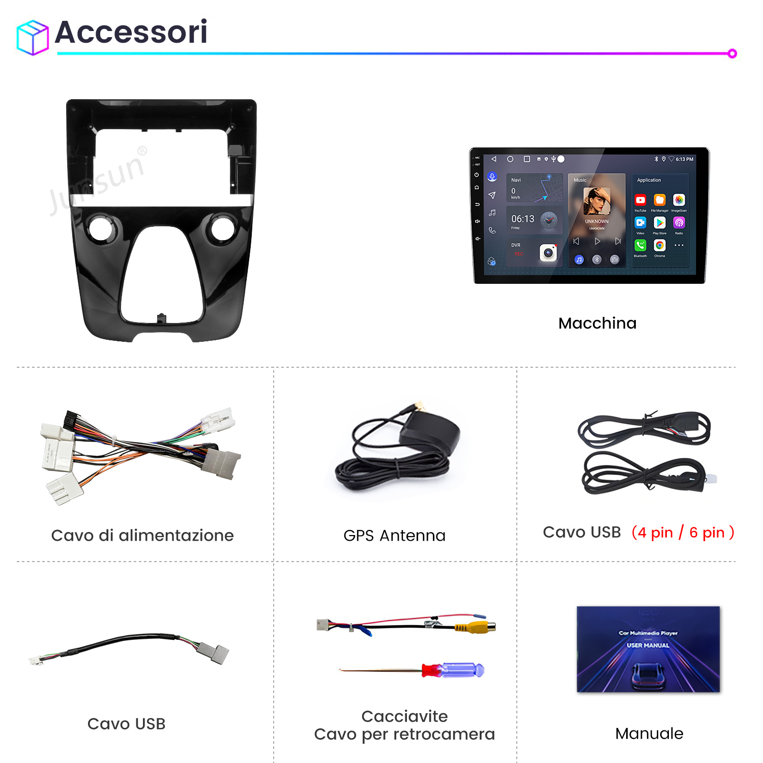 Accessori auto: mascherina cruscotto, autoradio, cavi, antenna, cacciavite, manuale.