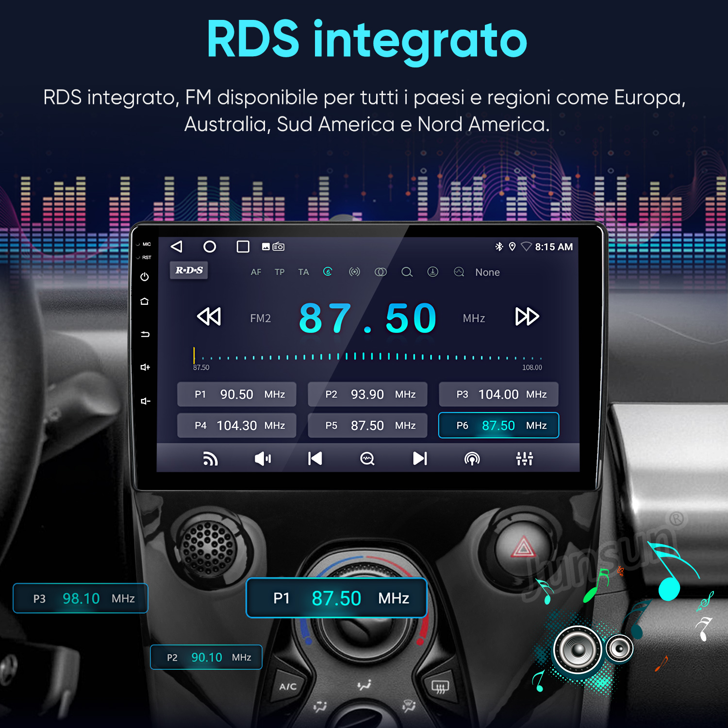 Schermo autoradio mostra 87.50 MHz, con preset come P1 90.50 MHz.