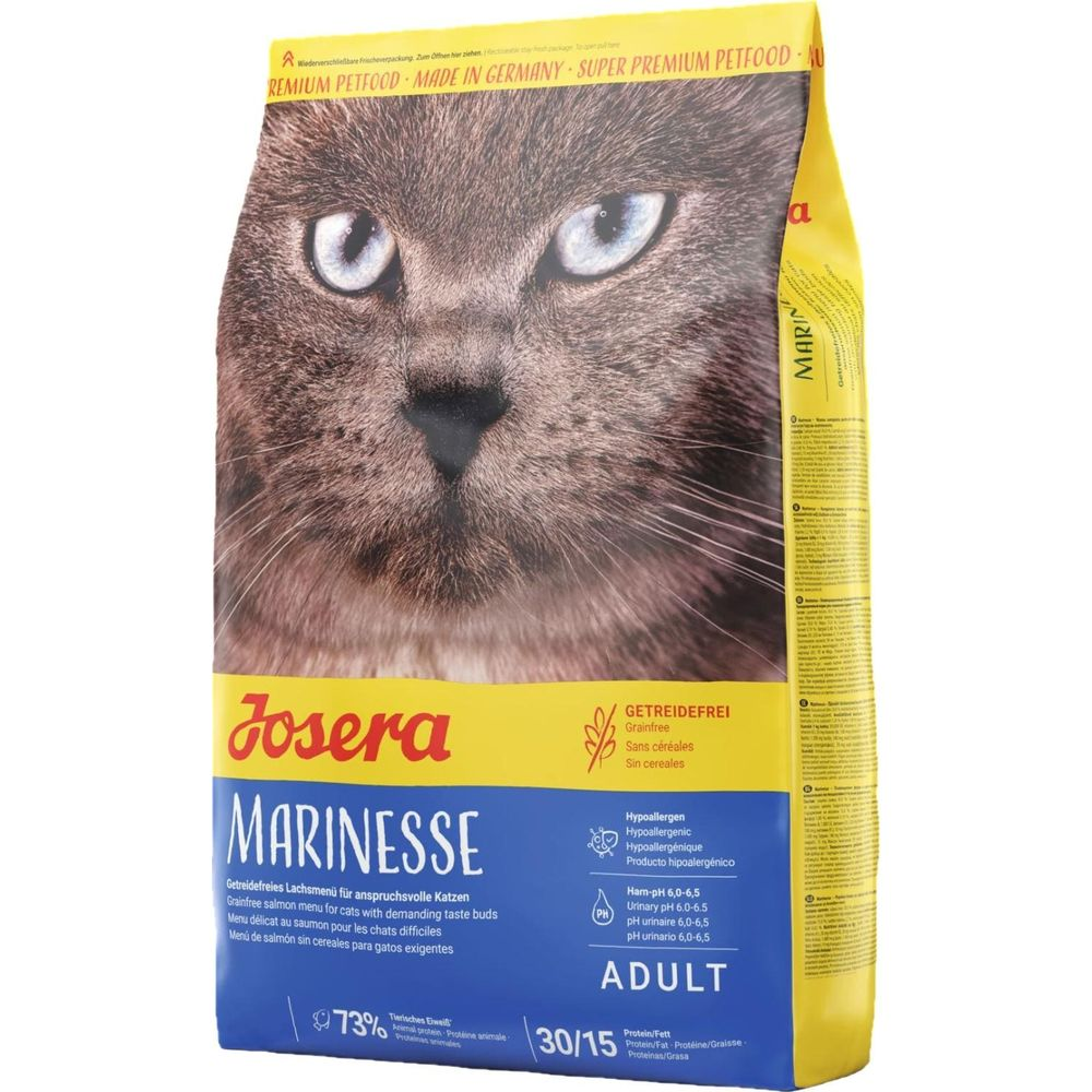 Torba karmy dla kotów Josera Marinesse z głową kota, w kolorze żółtym i niebieskim.