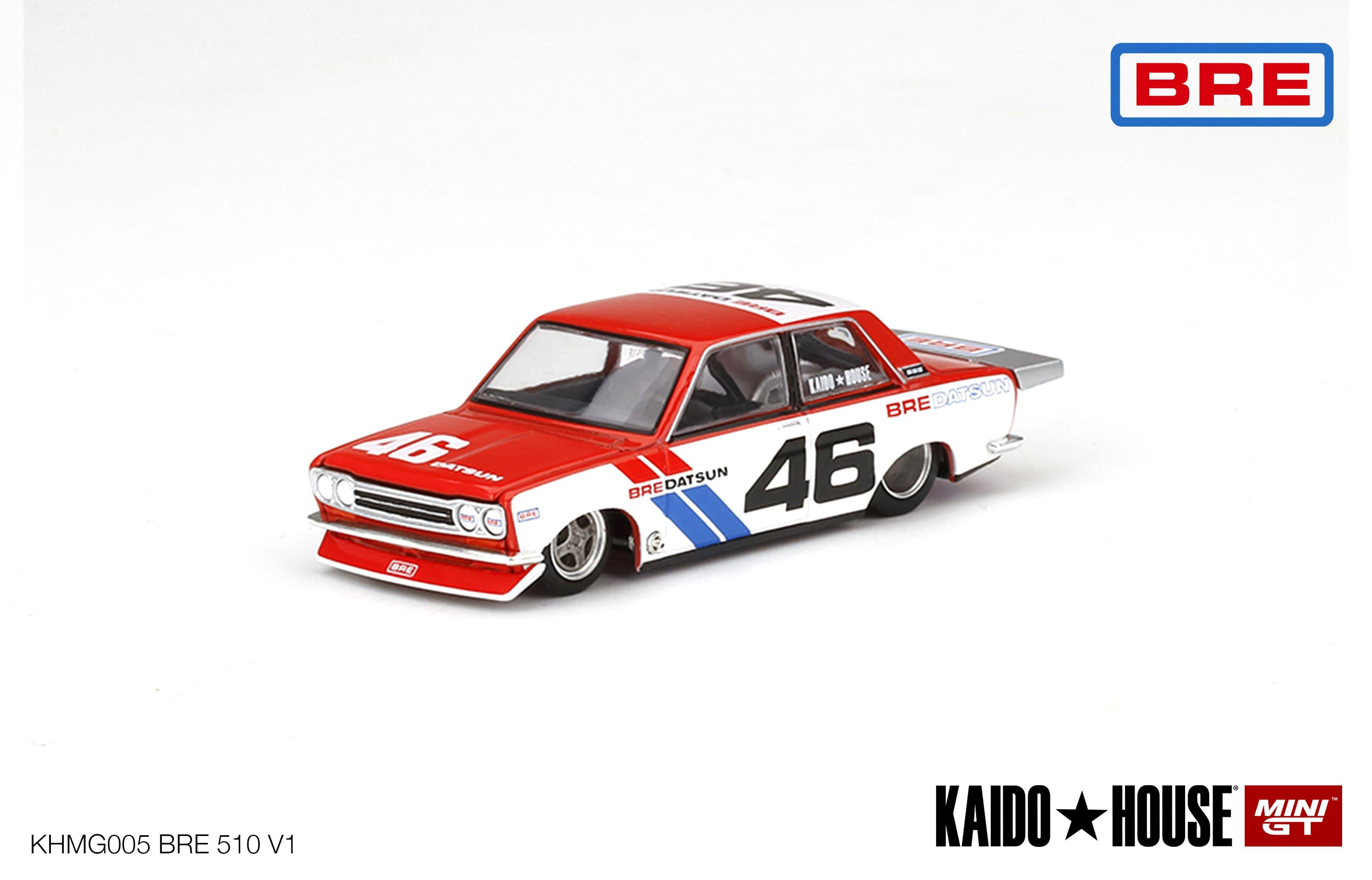 46 numaralı kırmızı ve beyaz BRE Datsun 510 model araba.