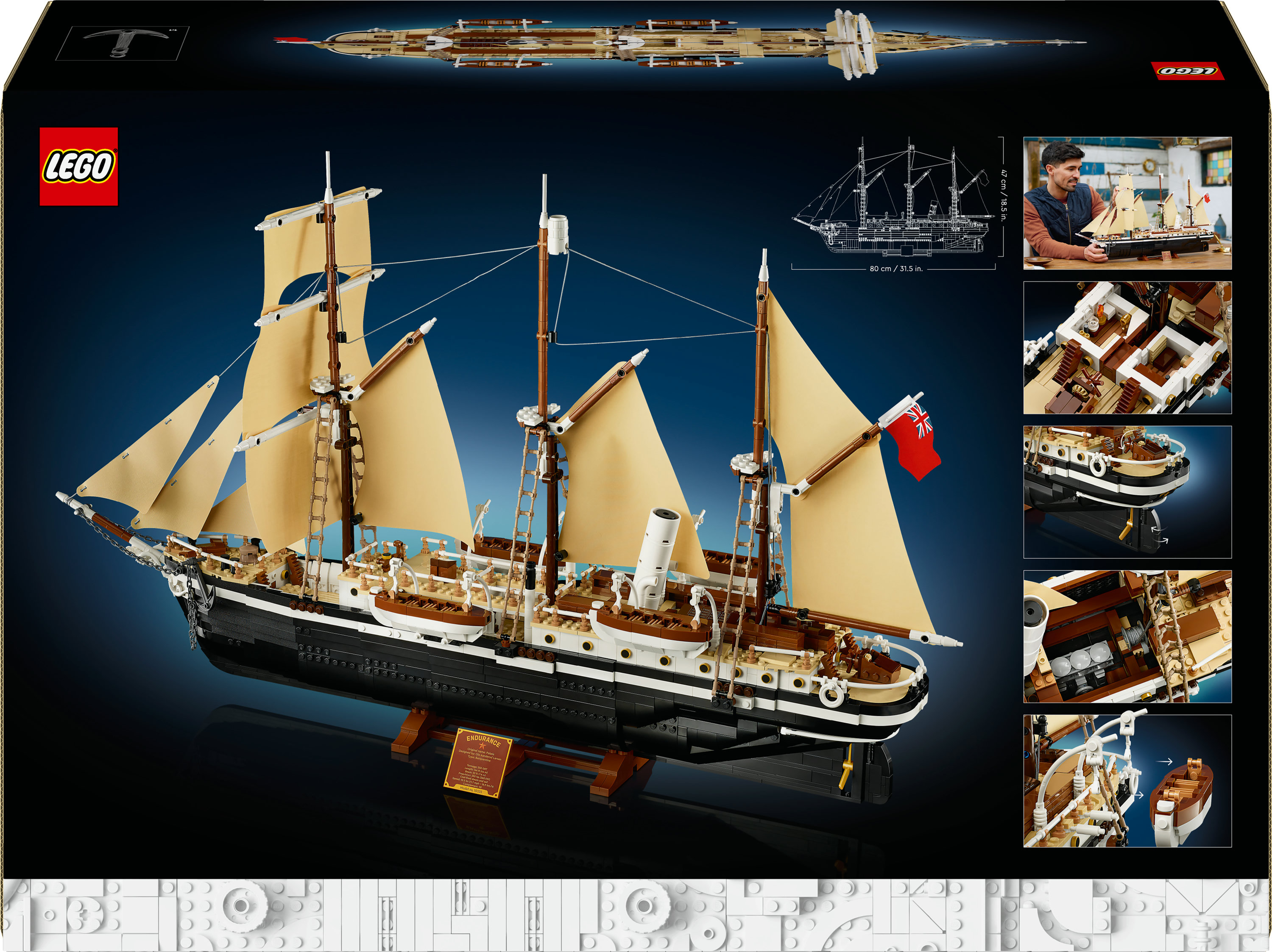Ein detailliertes Lego-Modellschiff mit Segeln und einem roten Union-Jack-Flag.