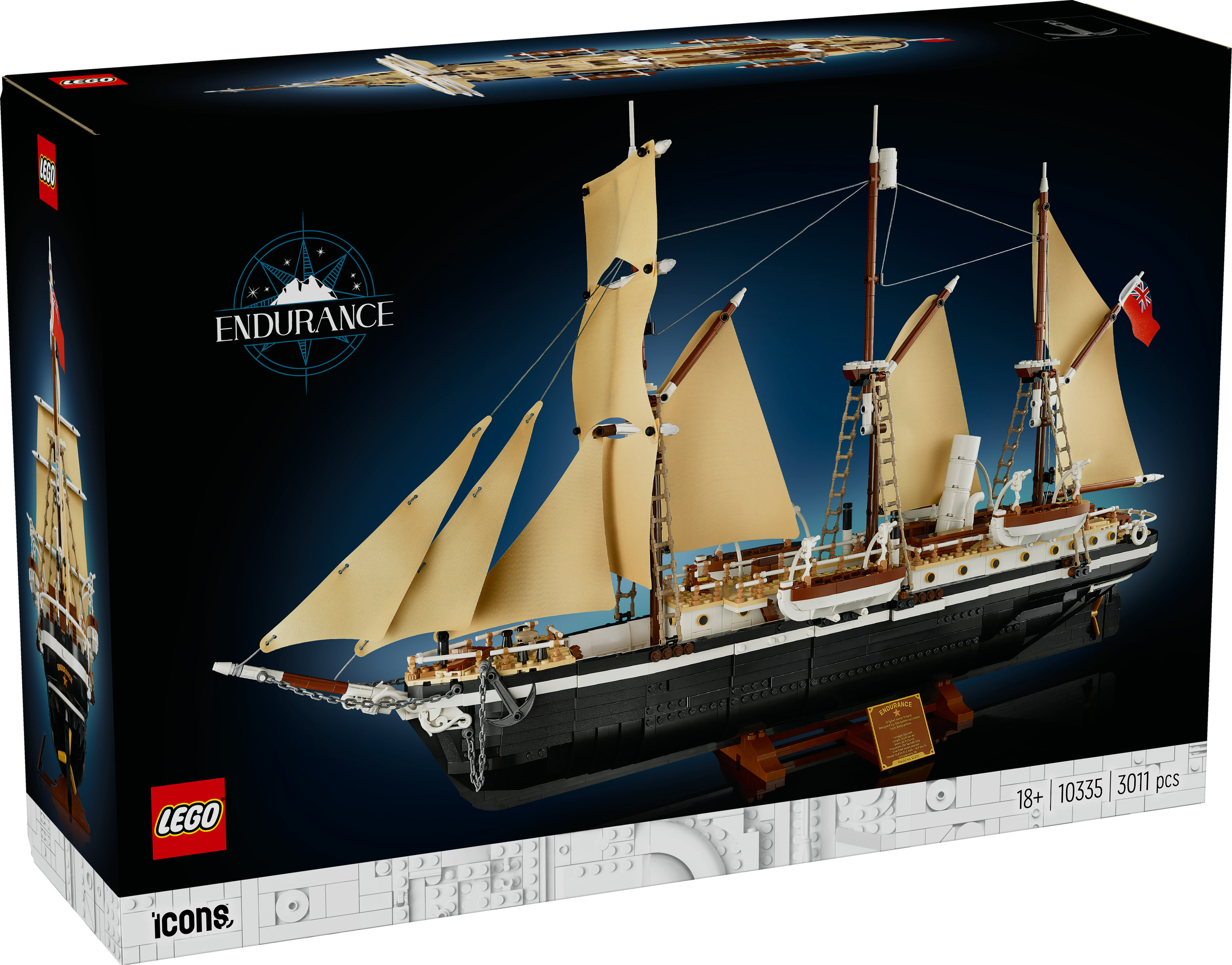 LEGO-Verpackung mit Modell des Schiffes Endurance, Segeln, Masten und Flaggen.