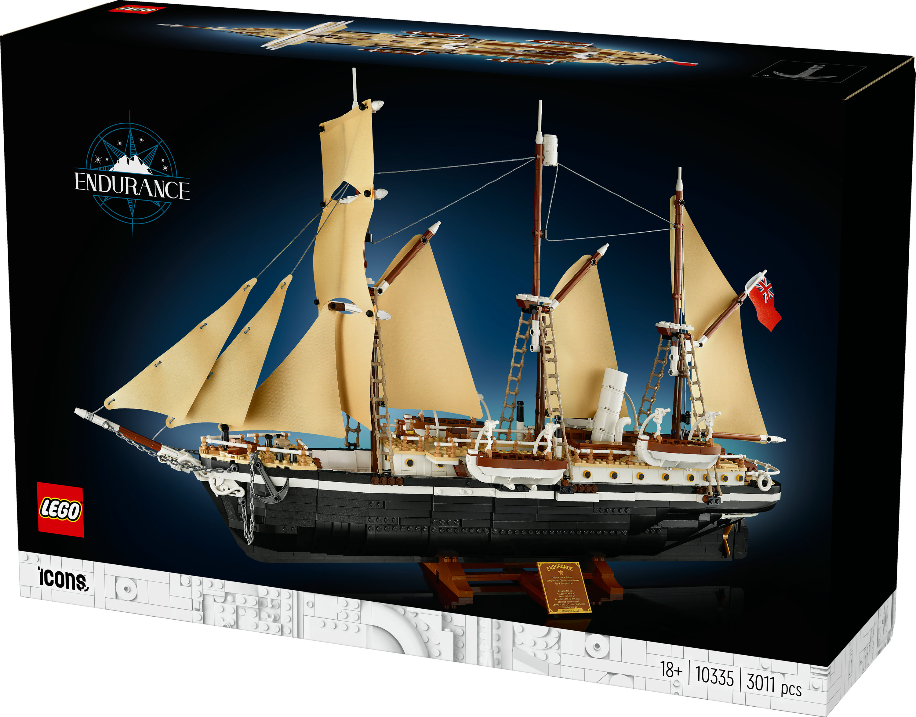 Lego-Modellschiff Endurance mit Segeln und britischer Flagge auf dunklem Hintergrund.