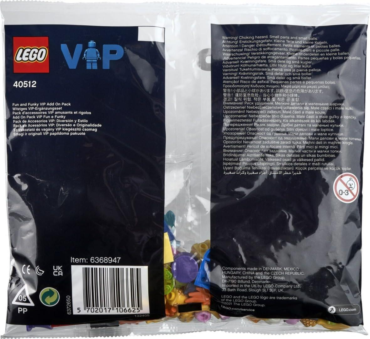 Renkli küçük parçalar ve minifigür içeren LEGO VIP Eklenti Paketi.