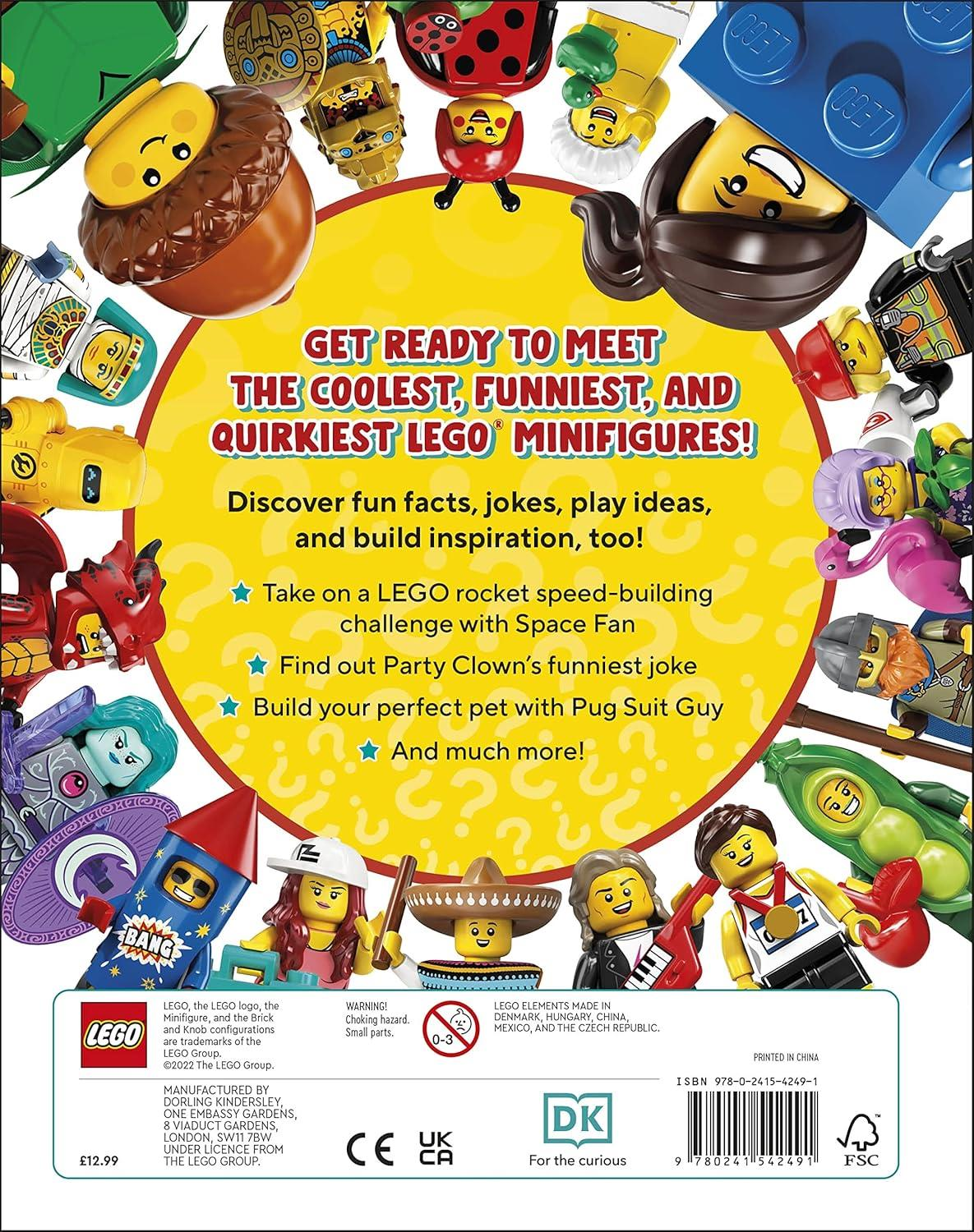 Renkli Lego minifigürleri, kitap hakkındaki metinle çevrili sarı bir daire.