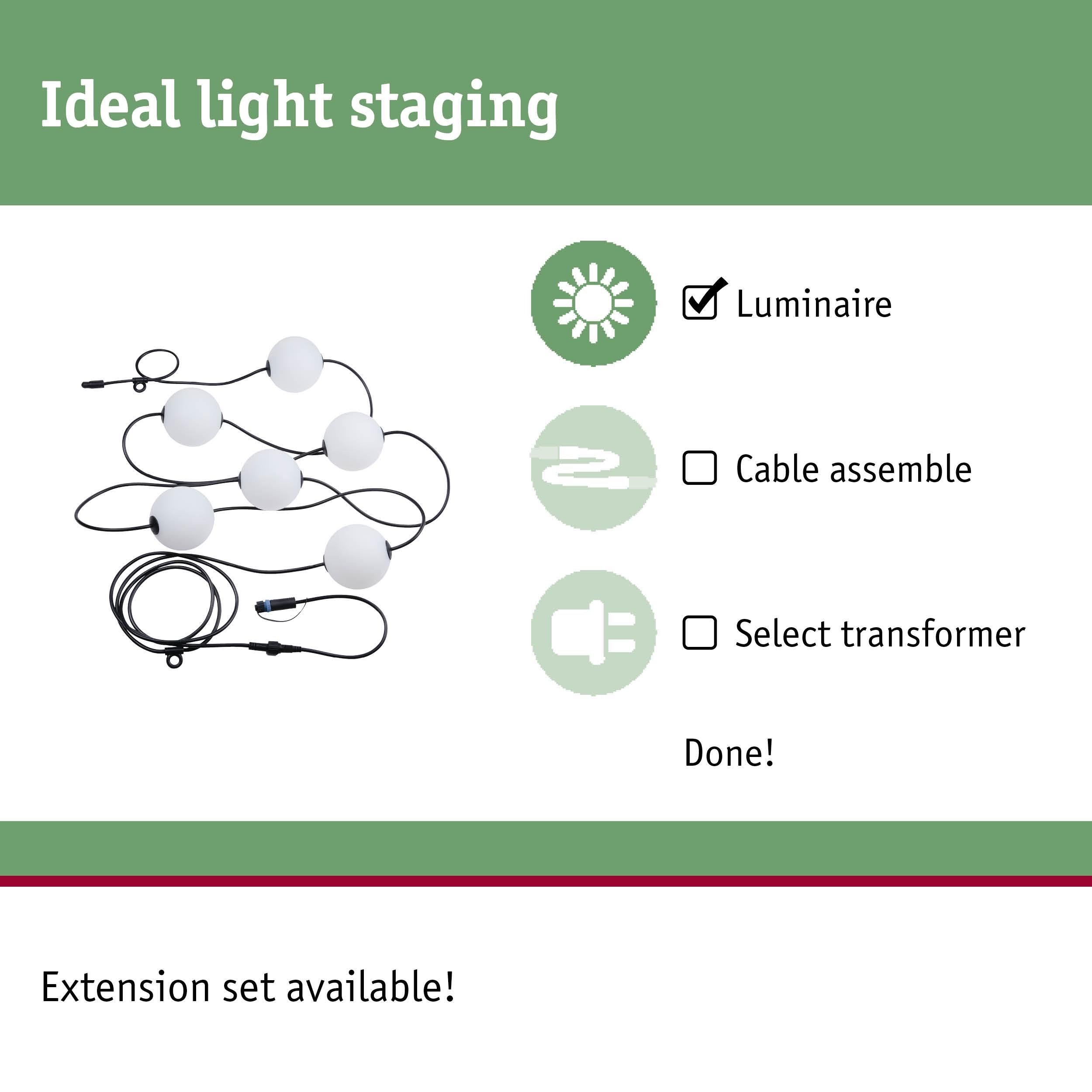 Lampki choinkowe z białymi kulami i czarnym kablem, obok ikon lampy, kabla, transformatora.