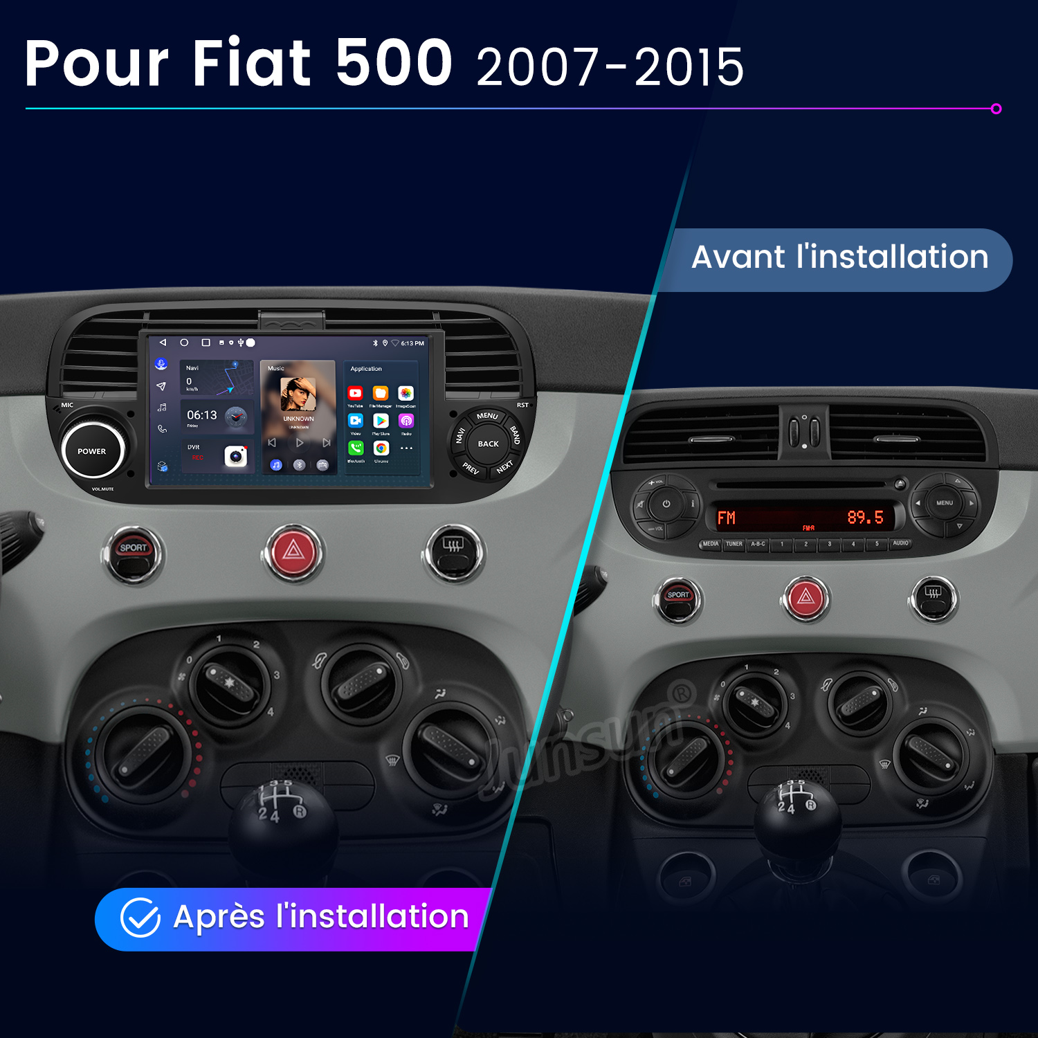 Confronto tra il cruscotto di una Fiat 500 prima e dopo l'installazione di un nuovo sistema di infotainment.