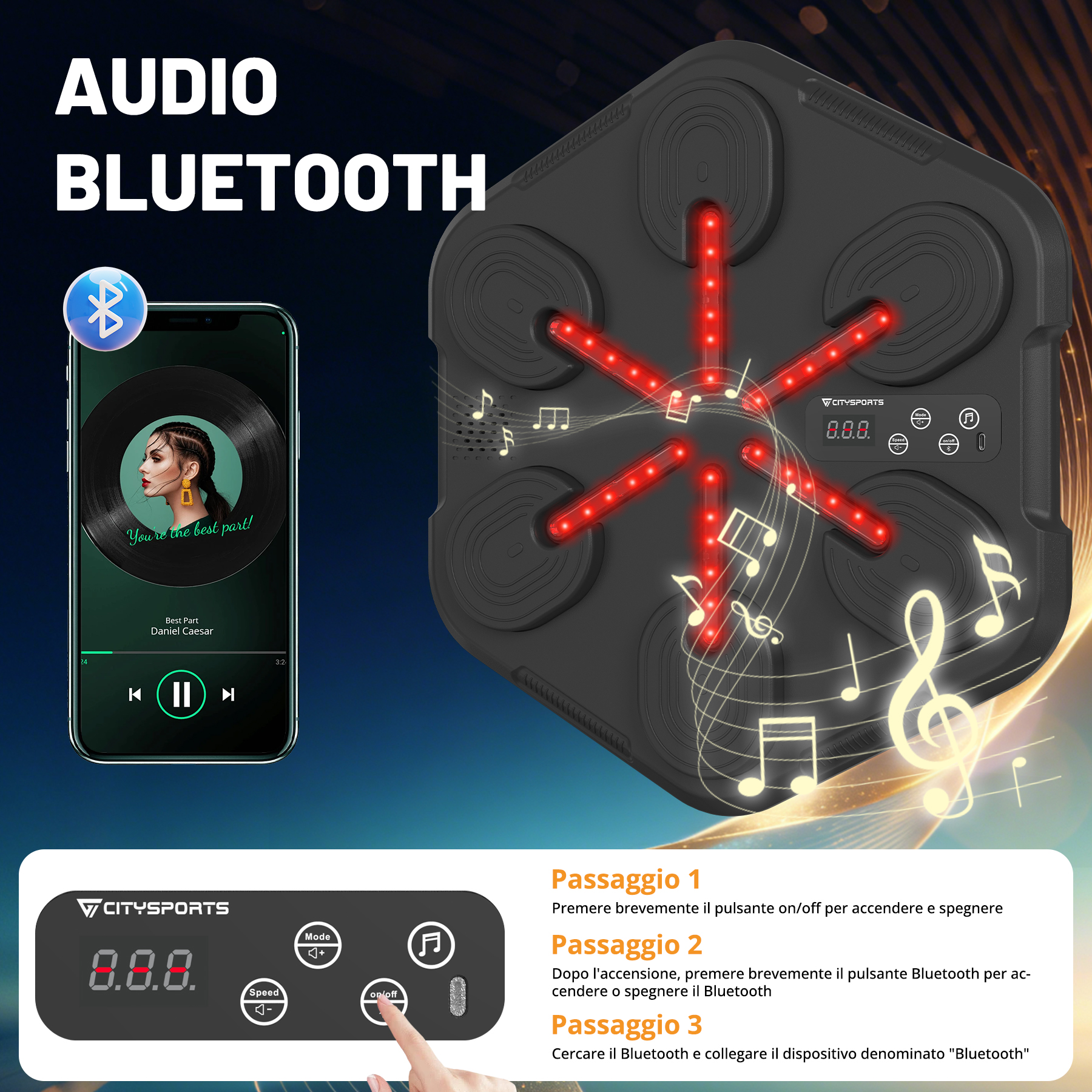 Uno smartphone mostra la riproduzione musicale accanto a un dispositivo Bluetooth nero con luci rosse.