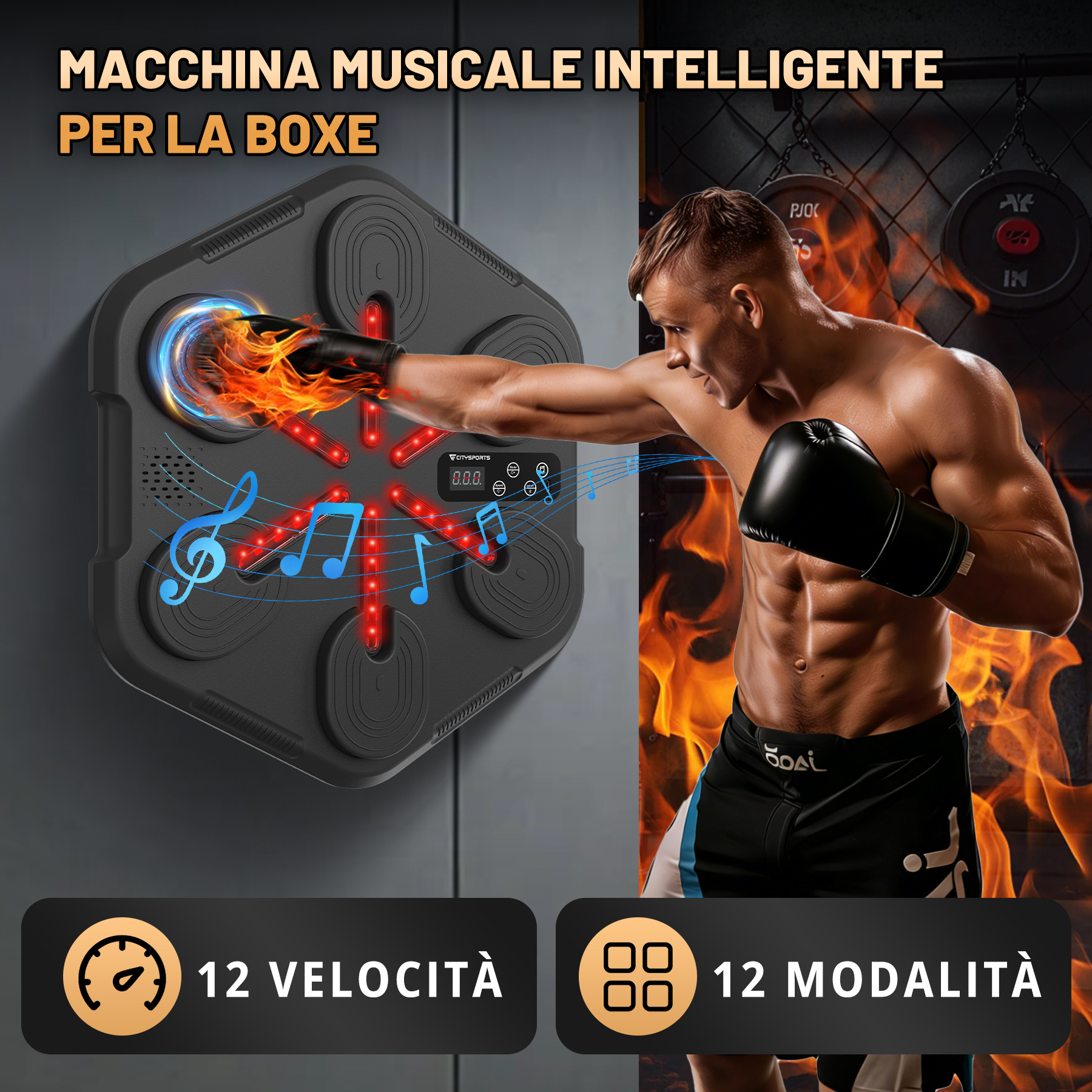 Un uomo boxa contro una macchina musicale intelligente con luci e note.