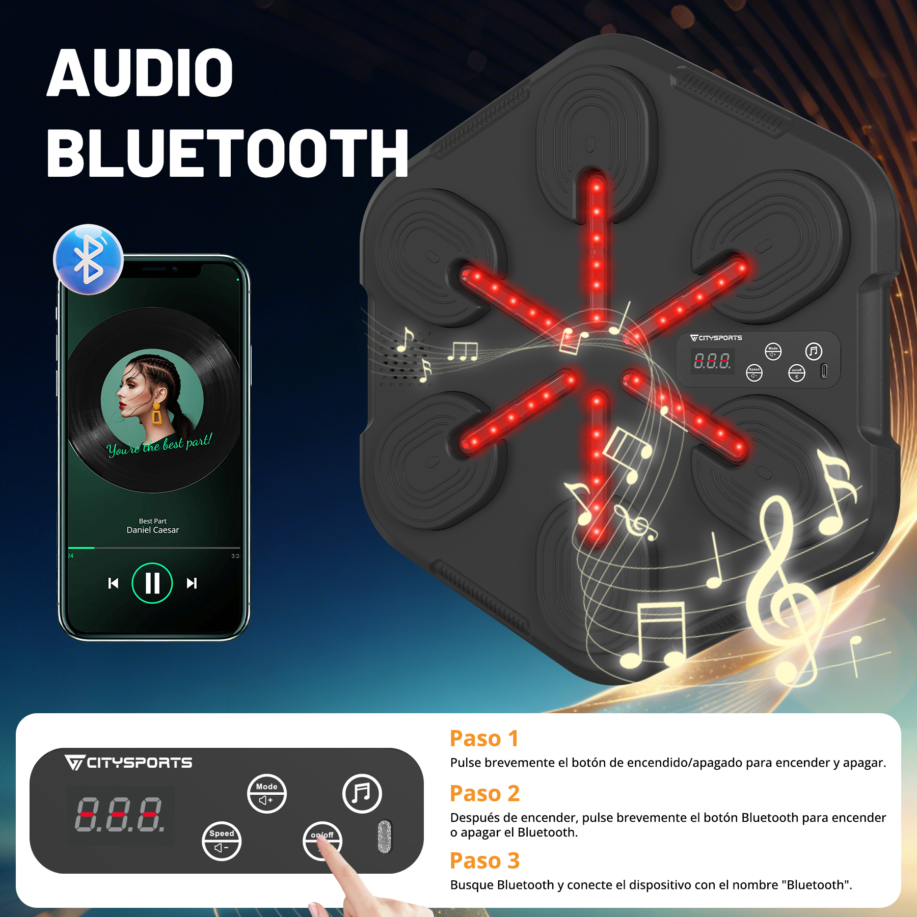 Un smartphone muestra música, al lado un aparato negro con luces rojas.