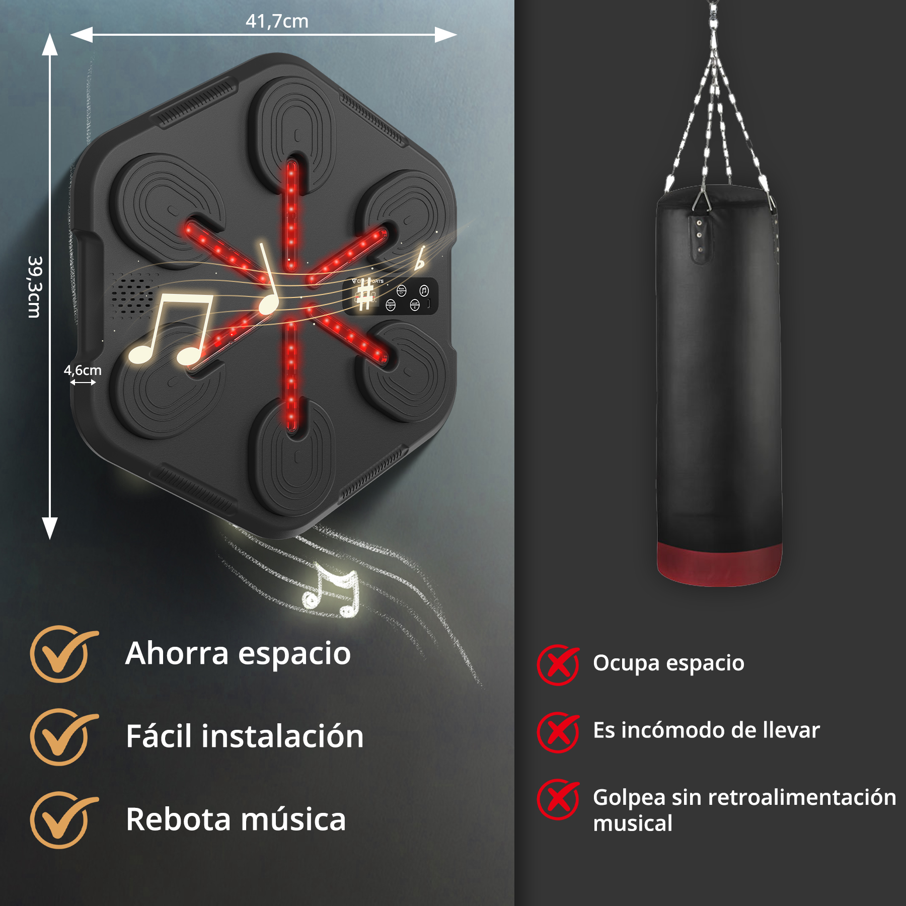 Saco de boxeo negro colgado de una cadena. Izquierda: aparato de fitness musical.