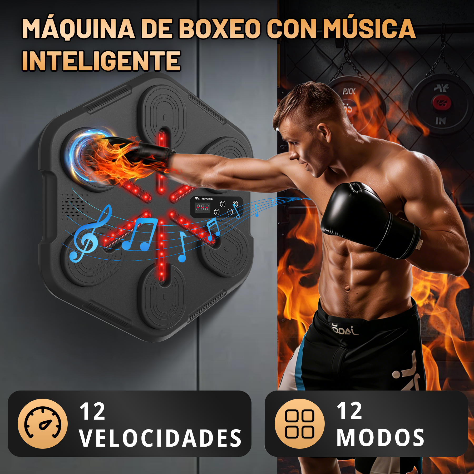 Un boxeador golpea una máquina de boxeo musical inteligente con luces rojas.