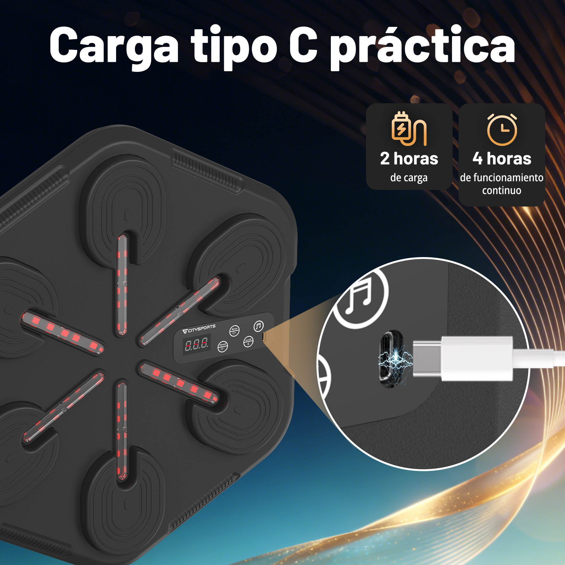 Dispositivo negro con luces rojas y puerto USB-C. Carga 2h, autonomía 4h.