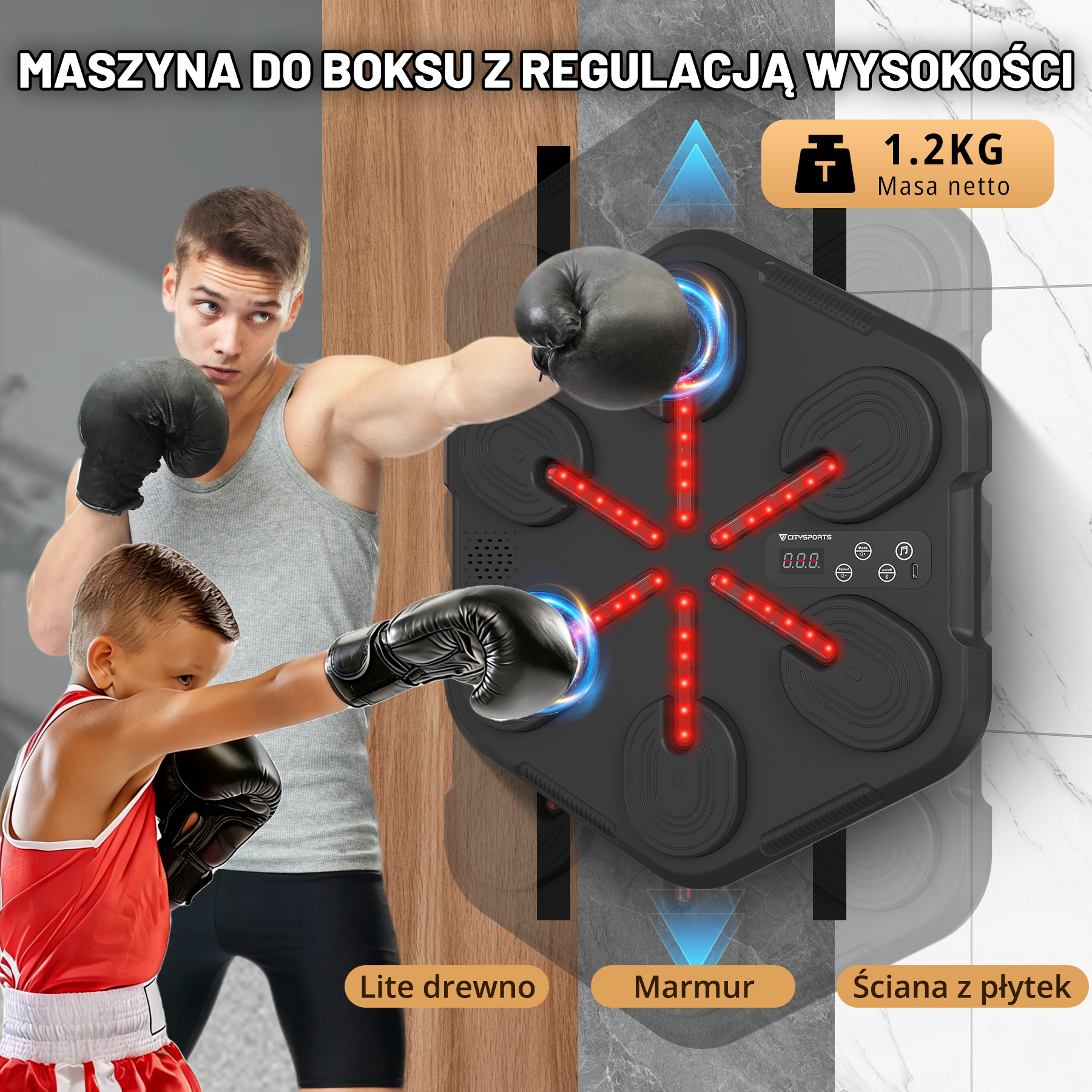 Mężczyzna i chłopiec boksują na elektronicznej maszynie z czerwonymi światłami.