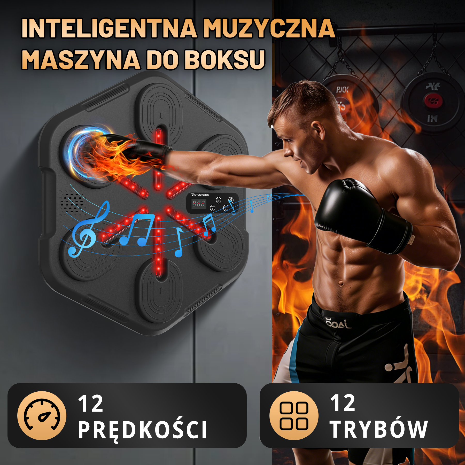 Mężczyzna uderza inteligentną maszynę do boksu muzycznego ze światłami.
