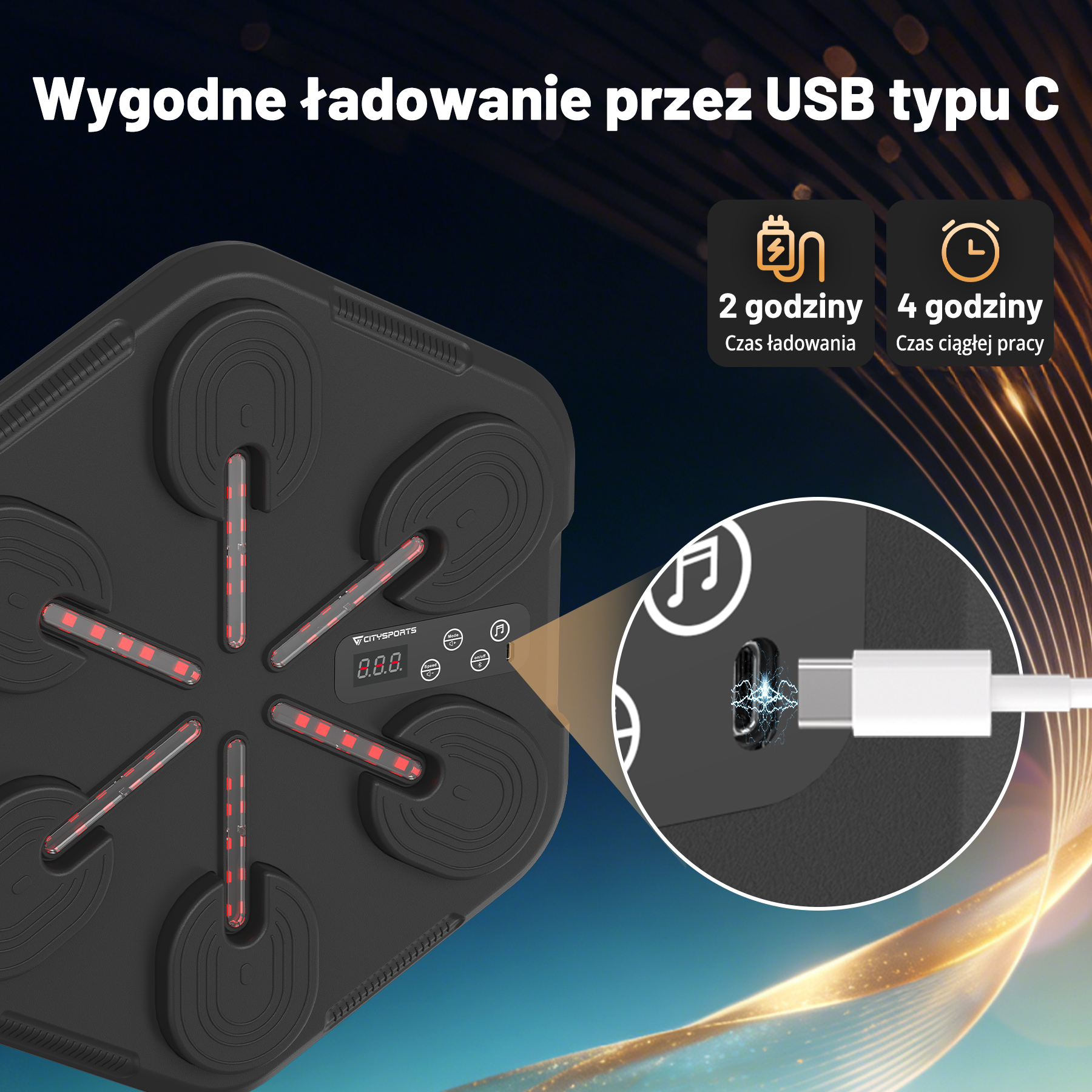 Czarne urządzenie z czerwonymi światłami i portem ładowania USB-C.
