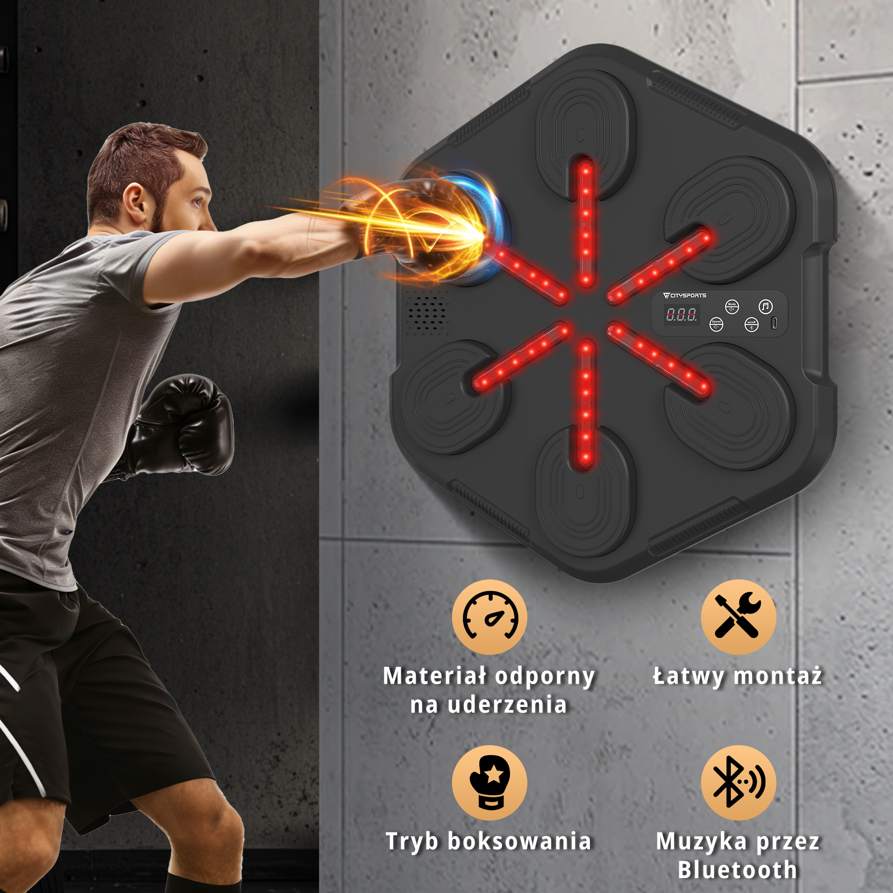 Mężczyzna uderza w czarną poduszkę bokserską z czerwonymi światłami.