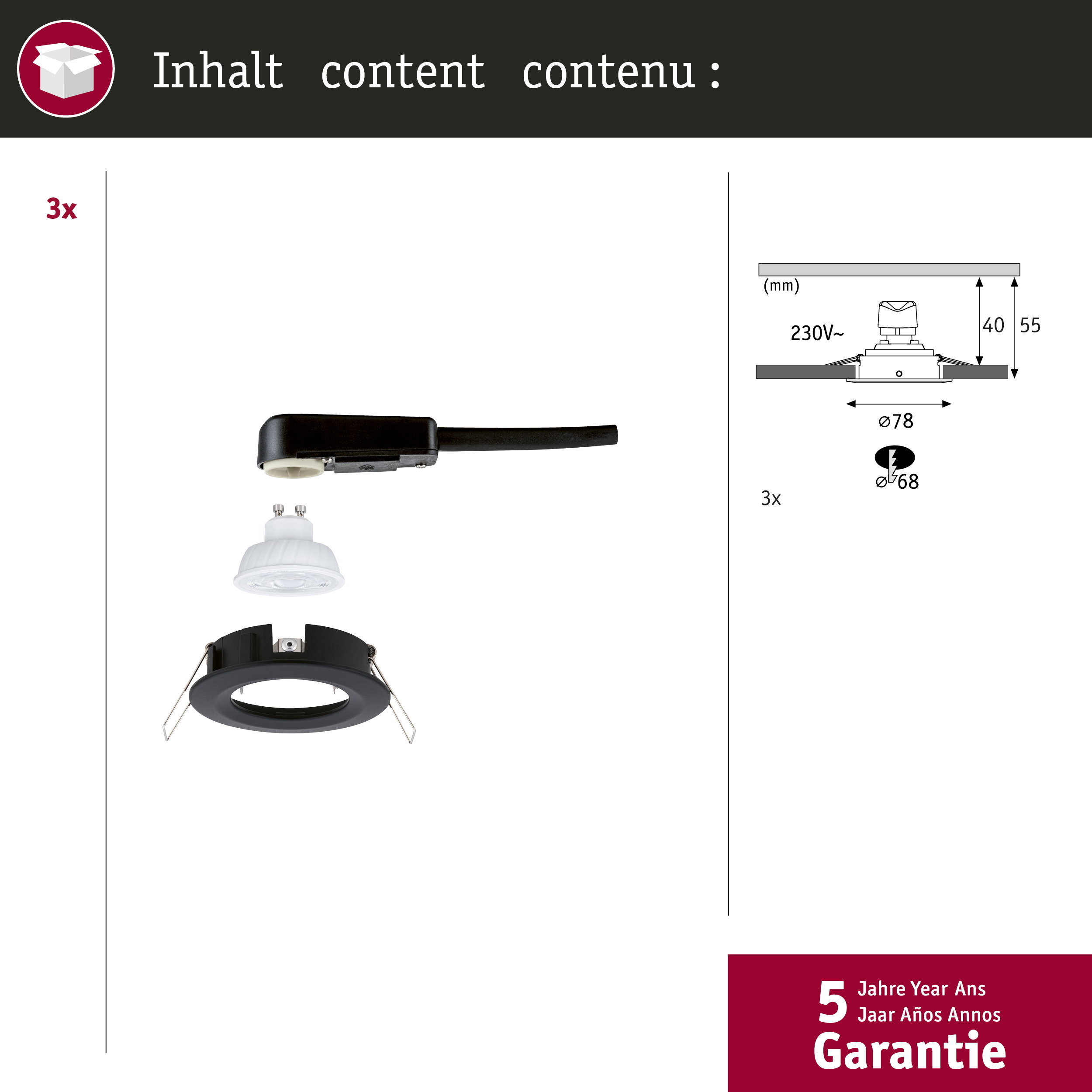 Spot podtynkowy z akcesoriami i wymiarami technicznymi. 3 szt.