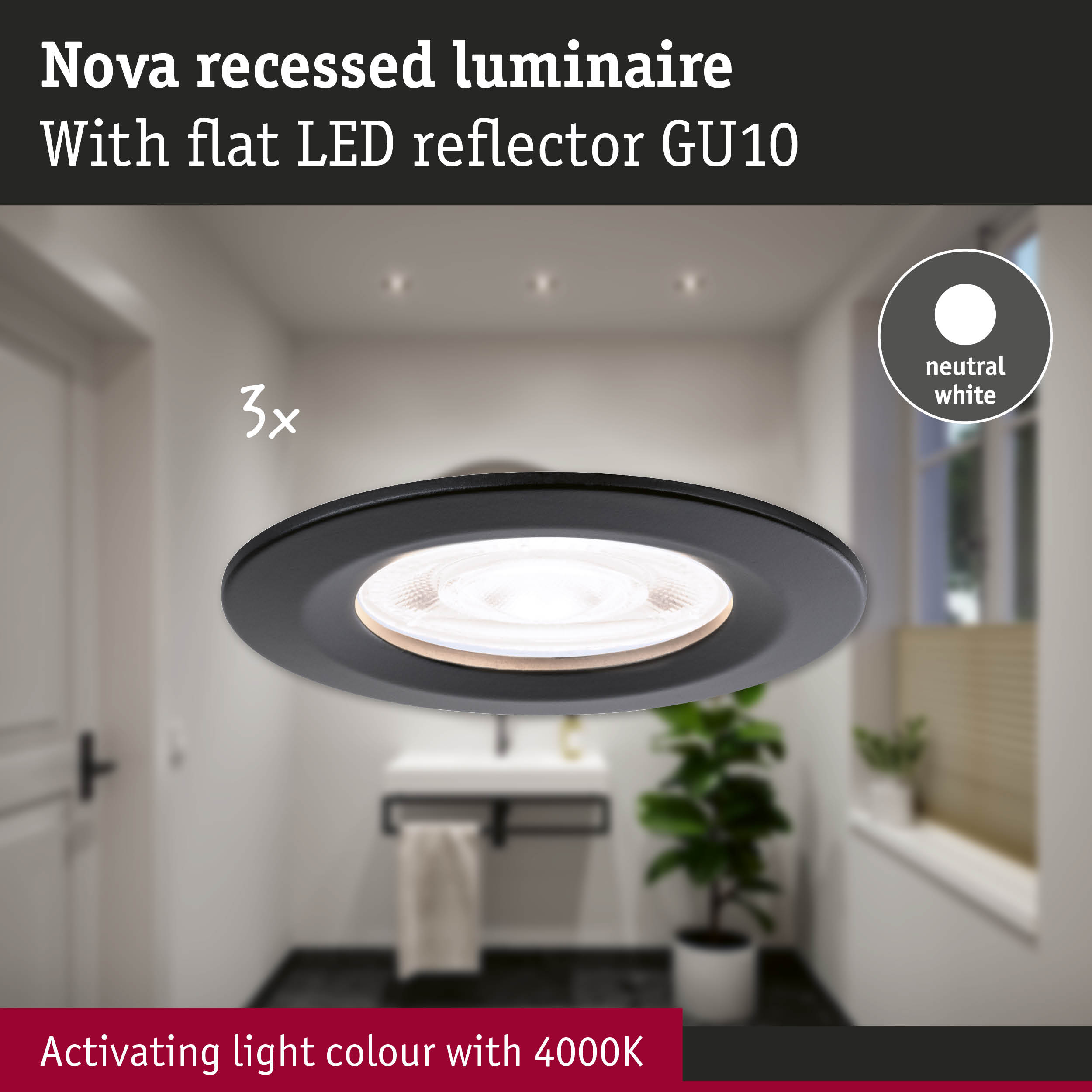 Czarny plafon wpuszczany z neutralnym białym światłem w łazience.