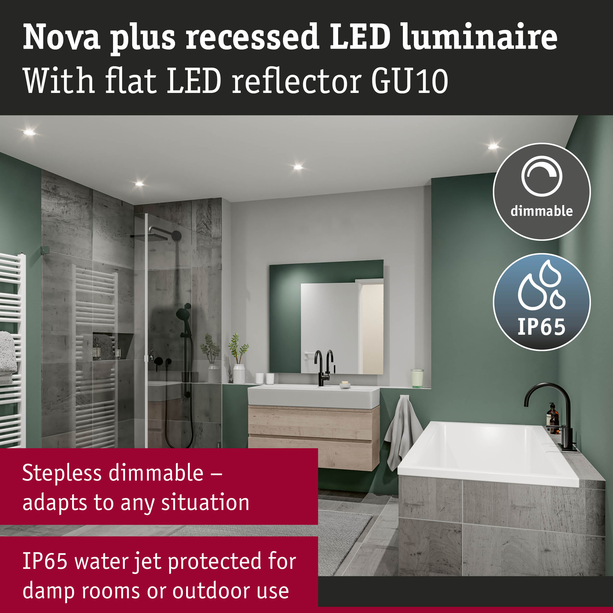 Nowoczesna łazienka z prysznicem, wanną, umywalką i grzejnikiem.