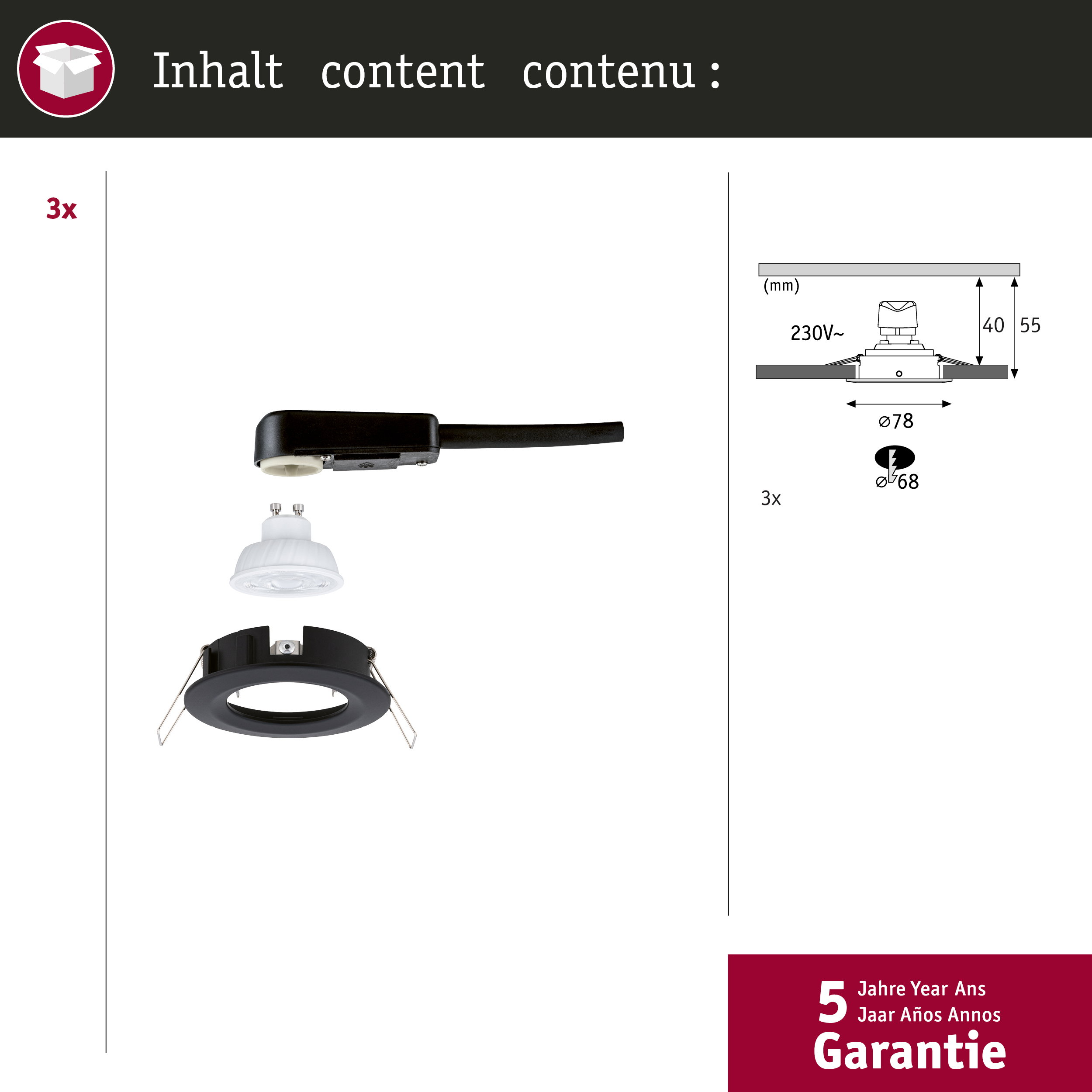 Lampa wpuszczana z gniazdem GU10 i instrukcją montażu.
