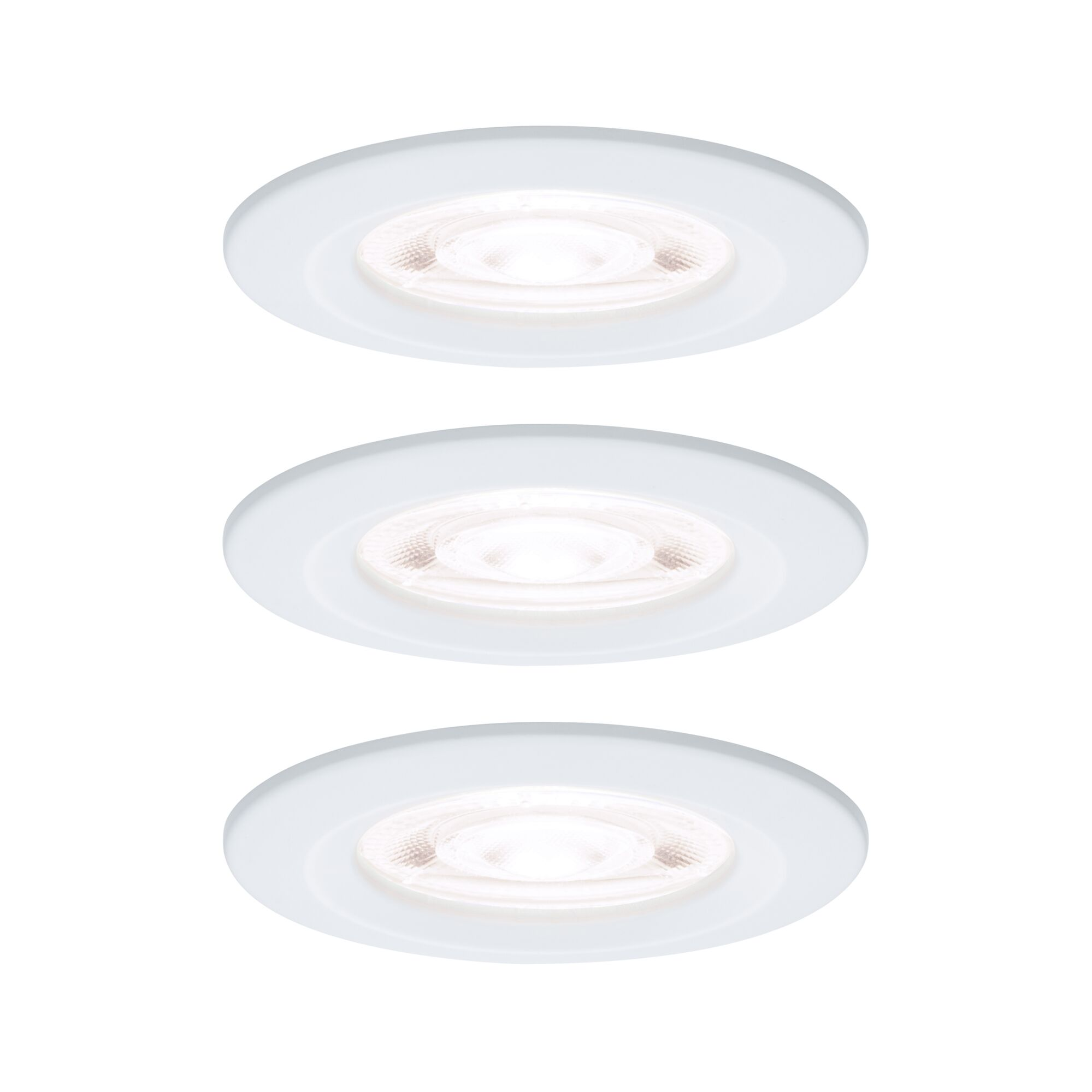 Trzy białe lampy wpuszczane ze szklanymi osłonami na białym tle.